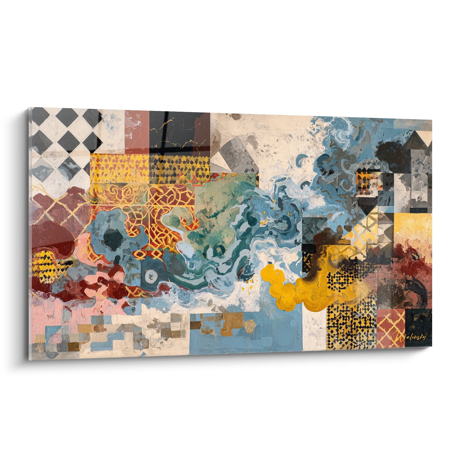 Tableau mural composition géométrique abstraite avec motifs colorés damiers et volutes bleues