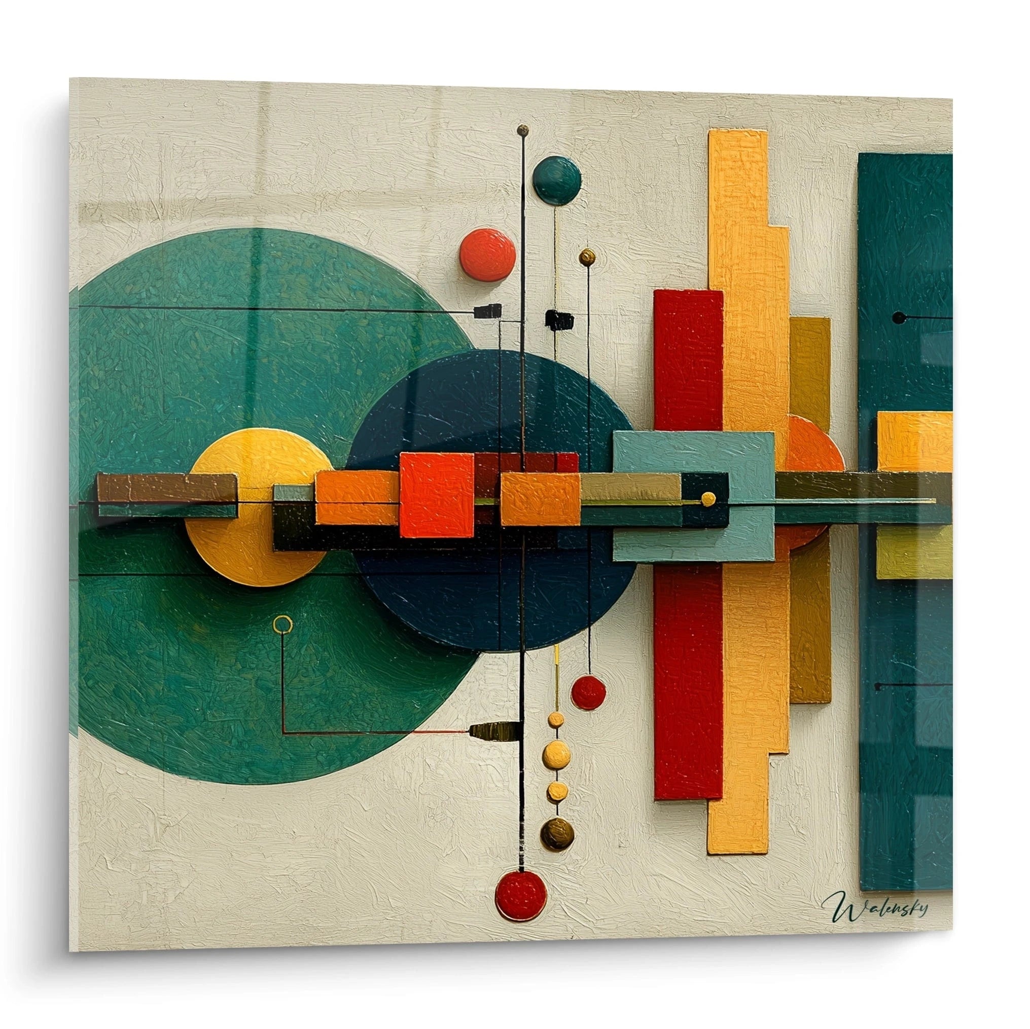 tableau géométrique Bauhaus Walensky mural en relief avec cercles et rectangles colorés