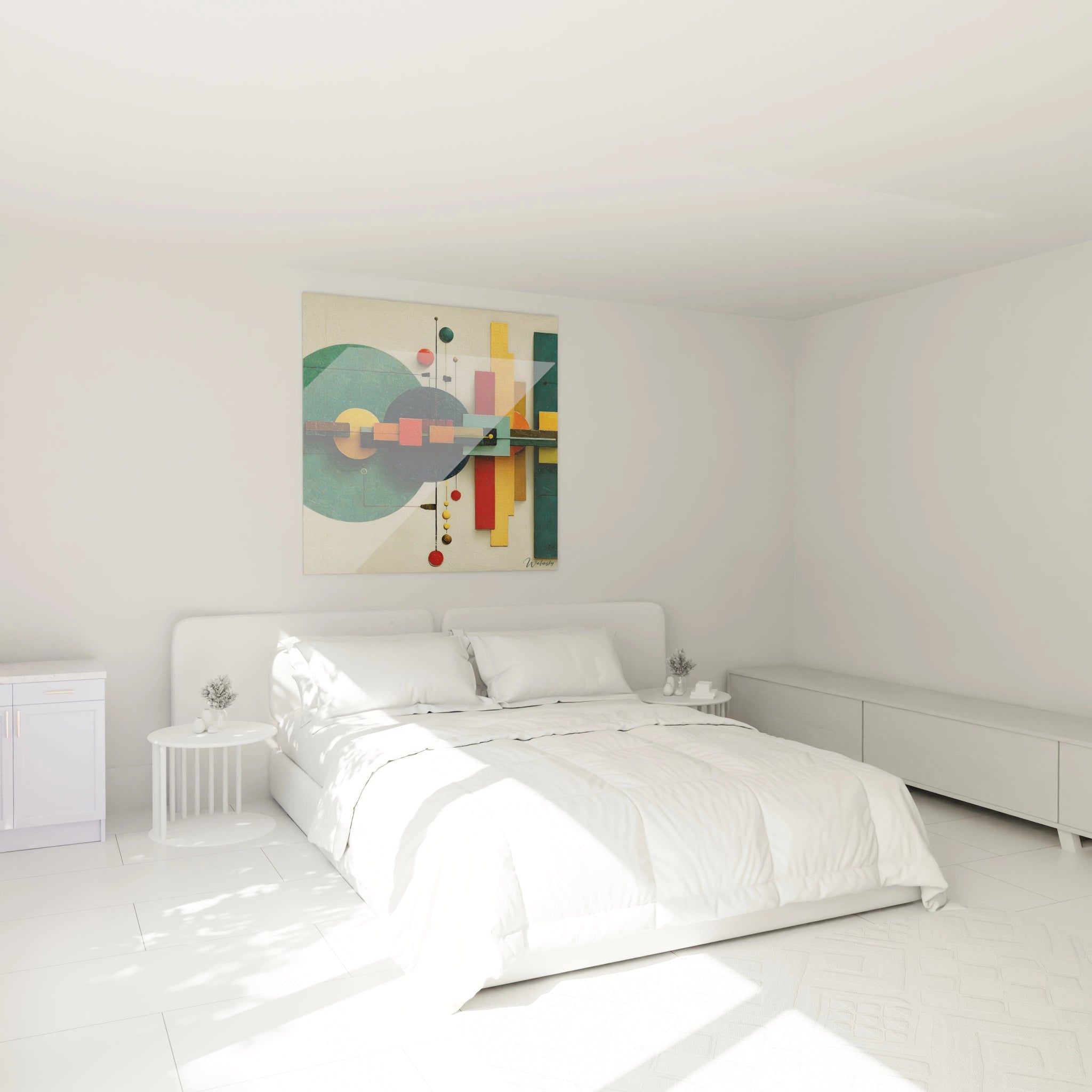 tableau géométrique Bauhaus Walensky accroché au dessus d un lit blanc dans une chambre moderne minimaliste