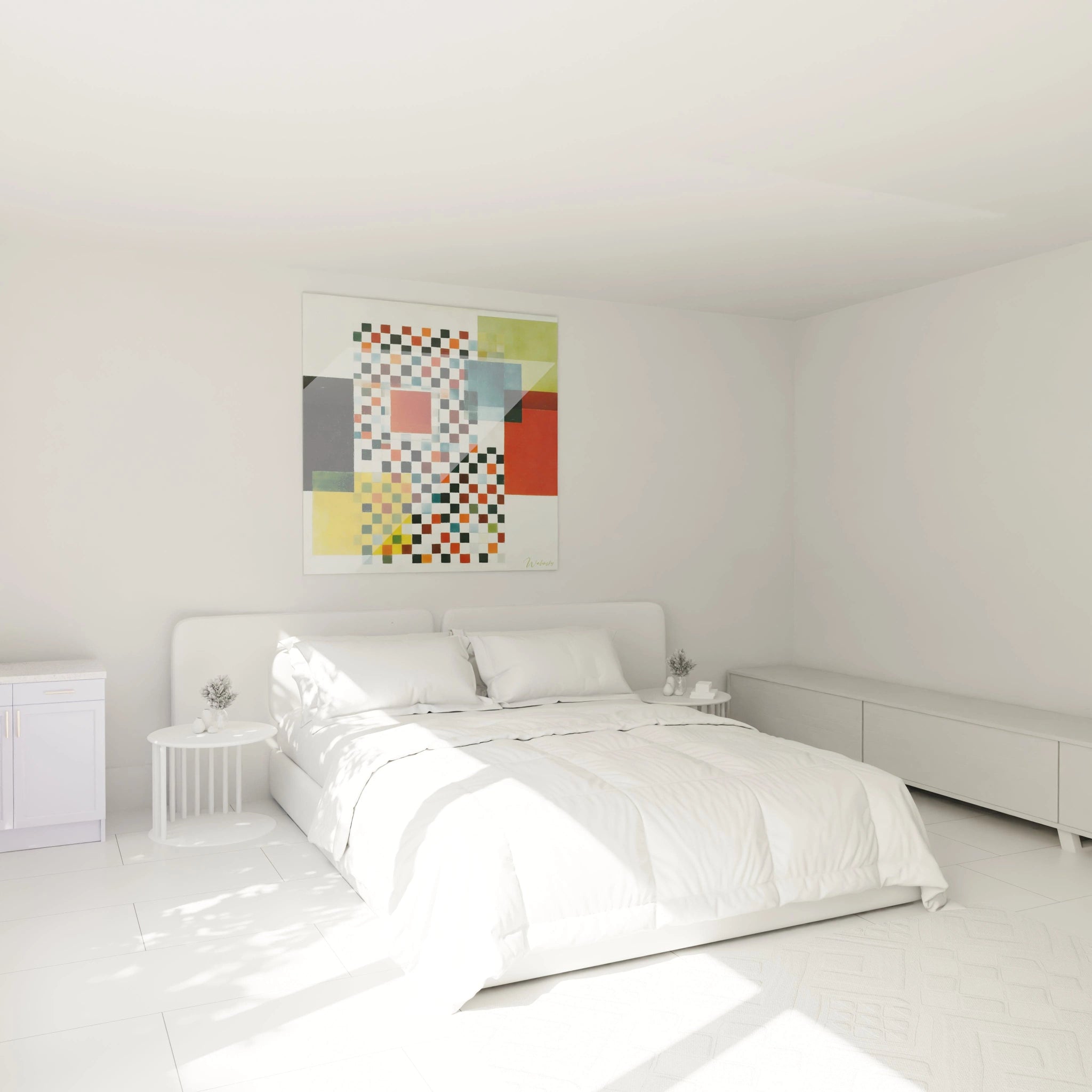 Tableau mural Walensky tableau géométrique constructivisme coloré accroché au dessus d un lit blanc minimaliste et lumineux