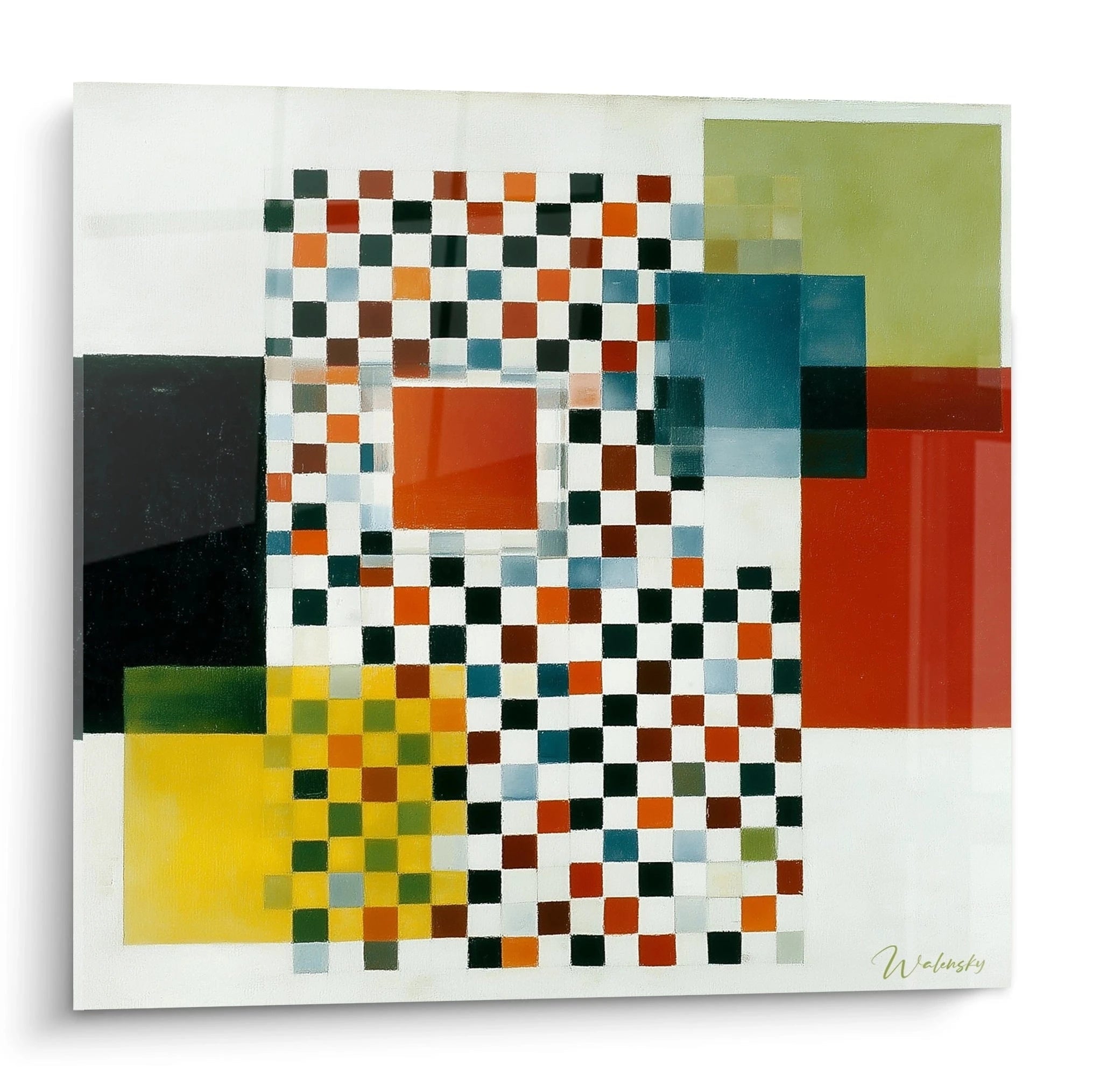 Tableau mural Walensky tableau géométrique constructivisme aux carreaux colorés rouge jaune vert bleu et blanc