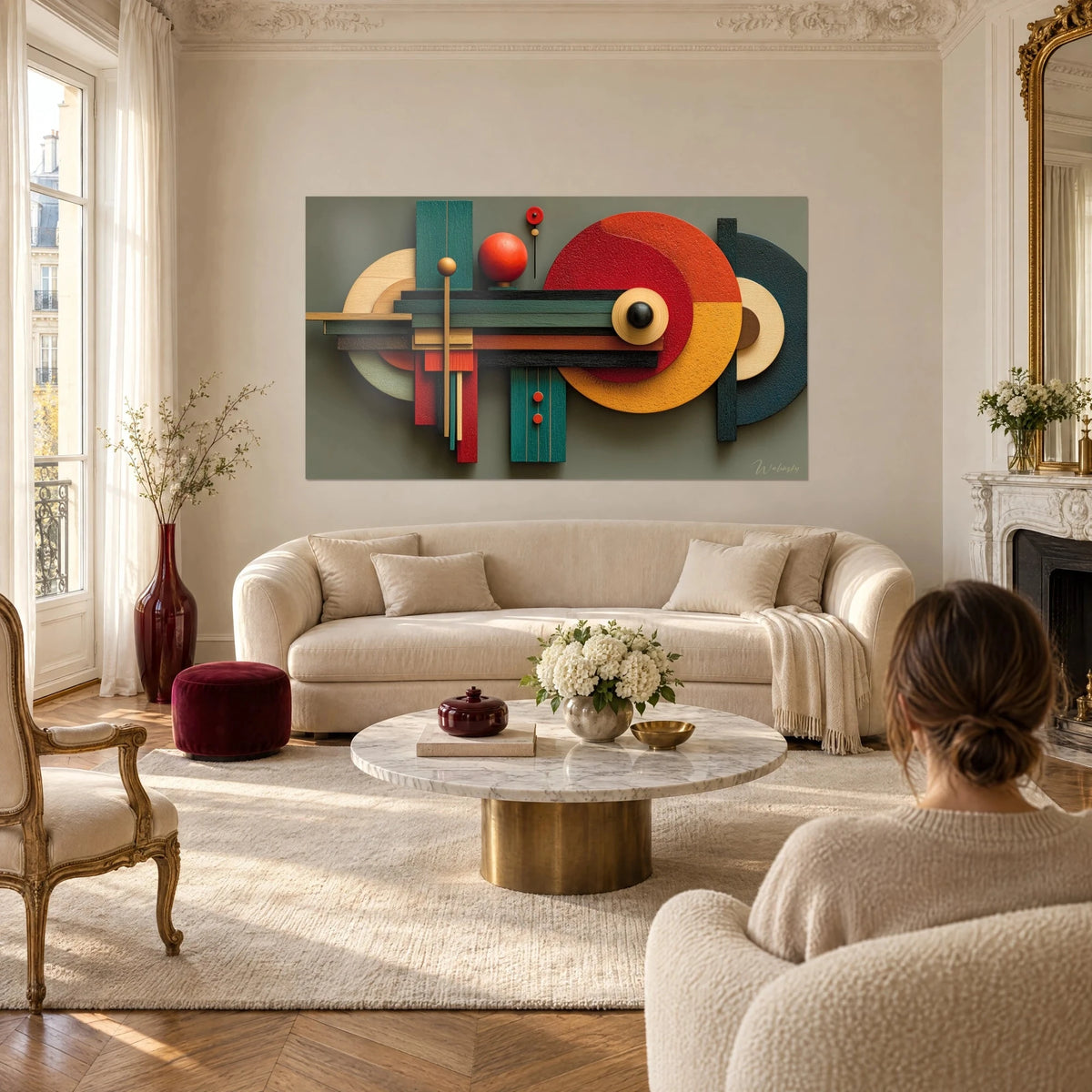 Obraz kompozycja Bauhaus z czerwonych i ochrowych krążków na szarozielonym tle, nad sofą w jasnym salonie