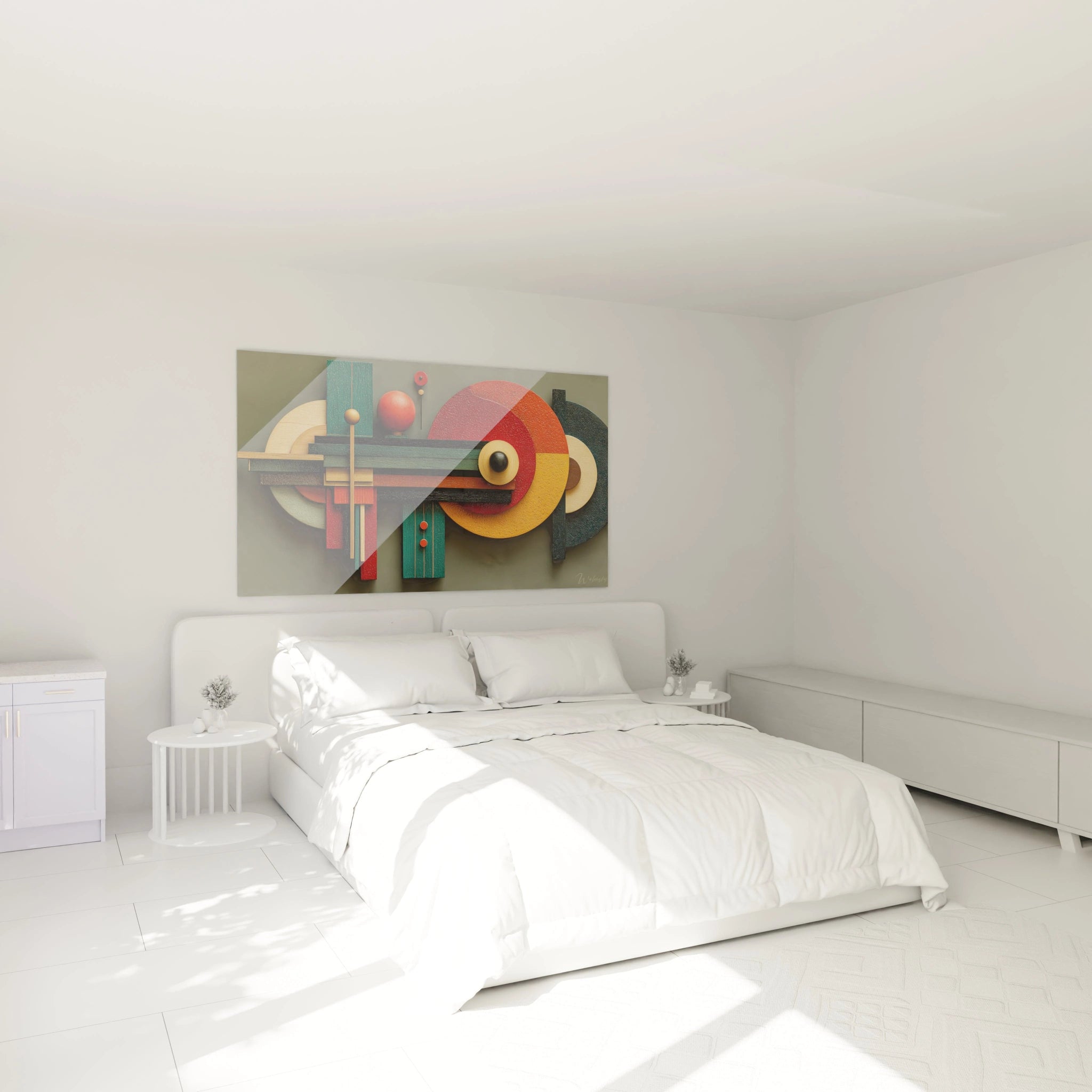 Walensky tableau géométrique Bauhaus coloré accroché au dessus du lit dans une chambre blanche minimaliste