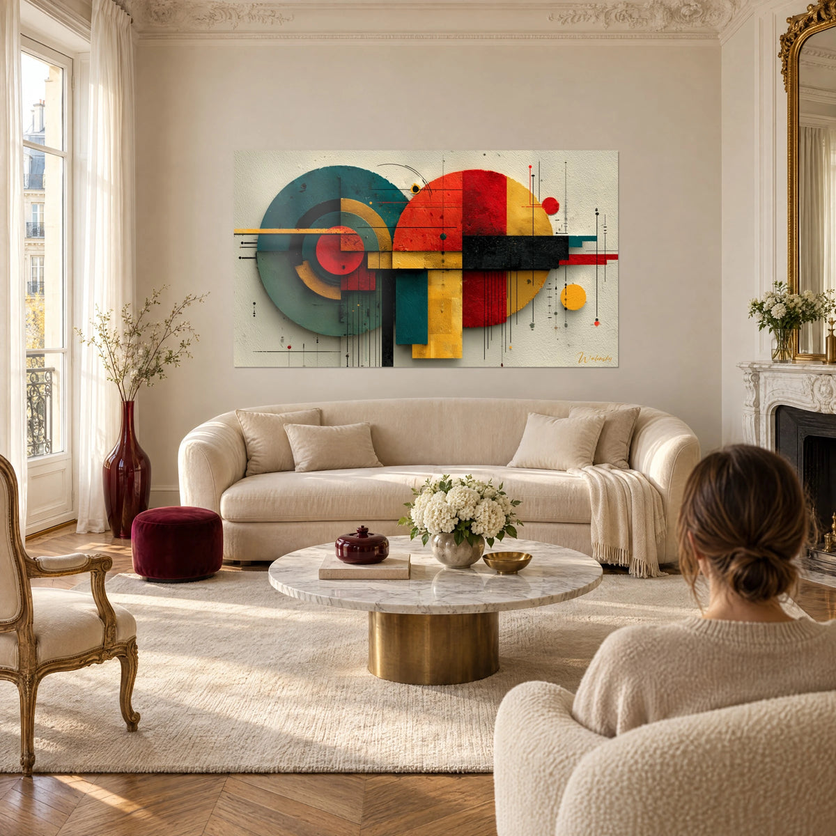 Gemälde geometrische Komposition aus petrolfarbenen und roten Kreisen, ockerfarbene und schwarze Streifen, über einem Sofa in einem hellen Wohnzimmer