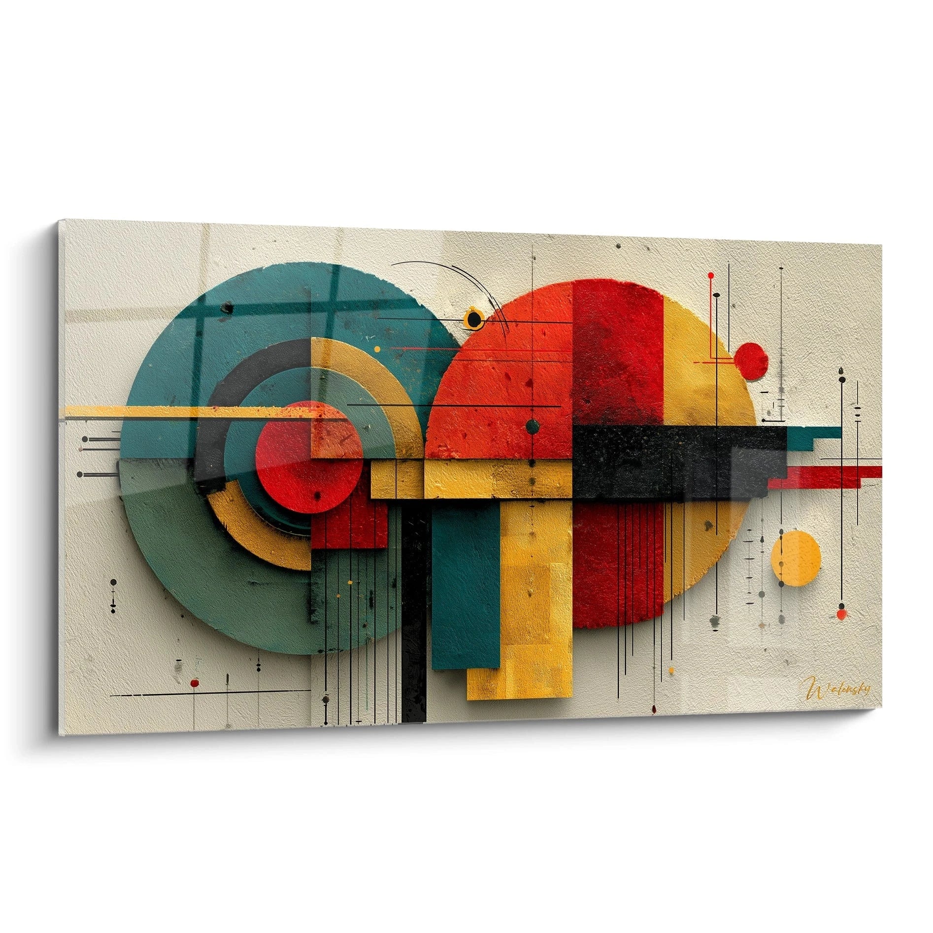 Walensky tableau géométrique bauhaus mural abstrait en rouge jaune vert et noir sur toile texturée, décor moderne pour salon