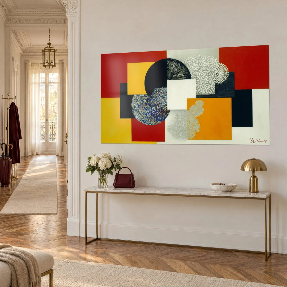 Gemälde Zusammensetzung aus karminroten und orangefarbenen Rechtecken, pointillistische blaue Scheibe, vergoldete Konsole in einem Haussmann-Flur