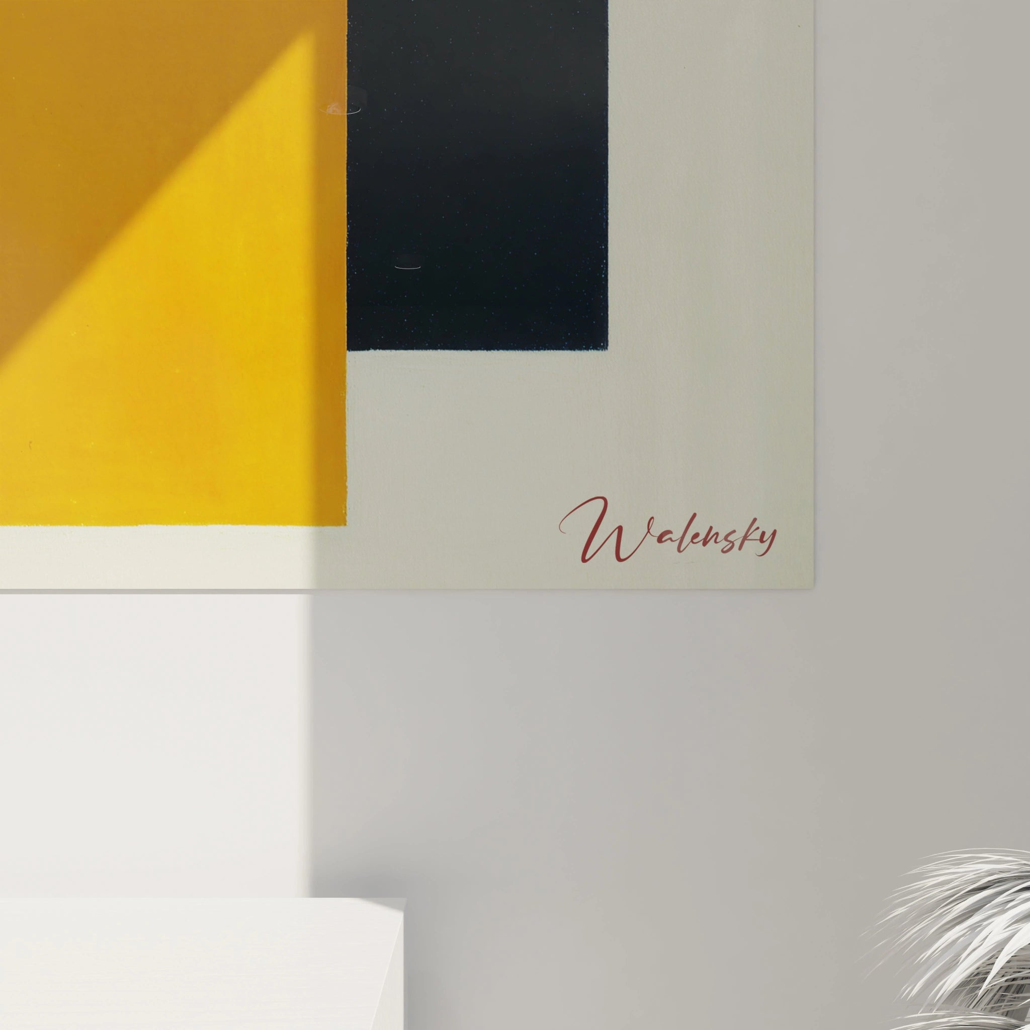 tableau mural géométrique constructivisme Walensky affichant blocs jaunes et noirs sur fond crème style minimaliste