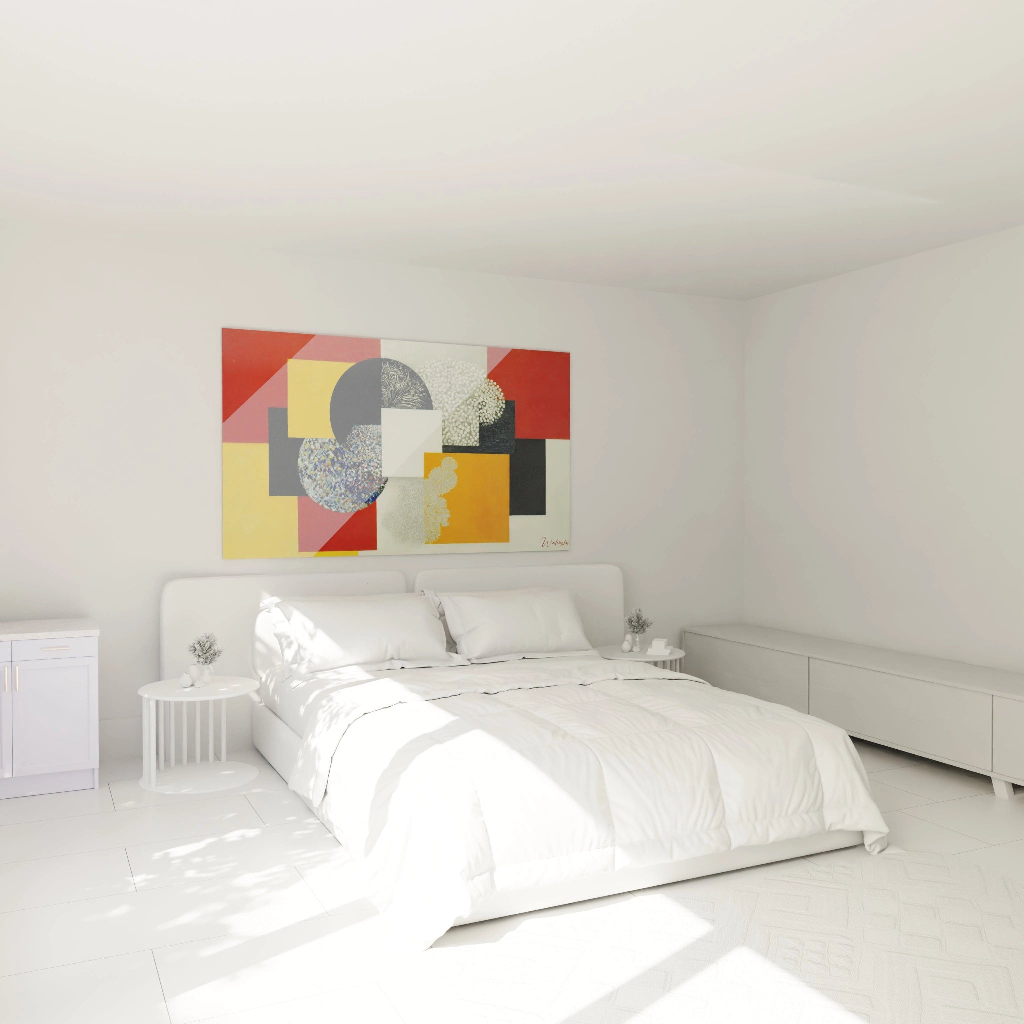 tableau mural géométrique constructivisme Walensky au-dessus d'un lit blanc minimaliste