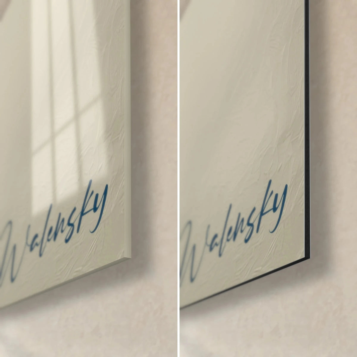 Tableau art abstrait bauhaus, coin bas droit bleu et vert, signature Walensky, verre brillant et Dibond mat, tranche 3 mm
