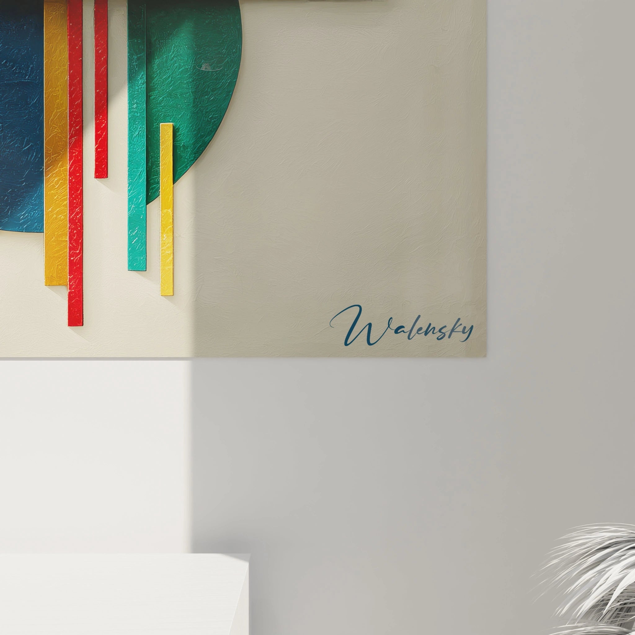 Tableau mural Walensky montrant cercle vert et bandes verticales rouges jaunes et turquoises tableau géométrique moderne signé