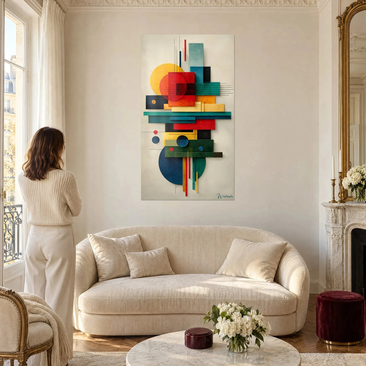 Tableau composition géométrique de rectangles rouges et teal, disque jaune, lignes fines, au-dessus d'un canapé dans un salon lumineux