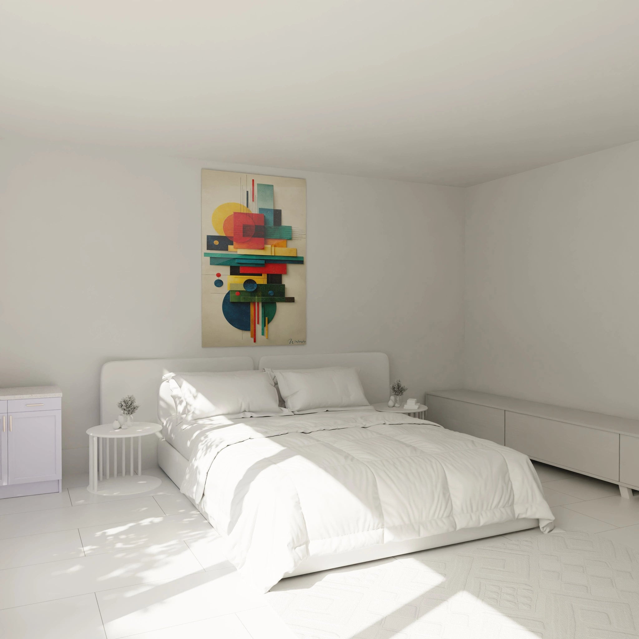 Tableau mural Walensky tableau géométrique moderne coloré accroché au dessus du lit dans une chambre minimaliste