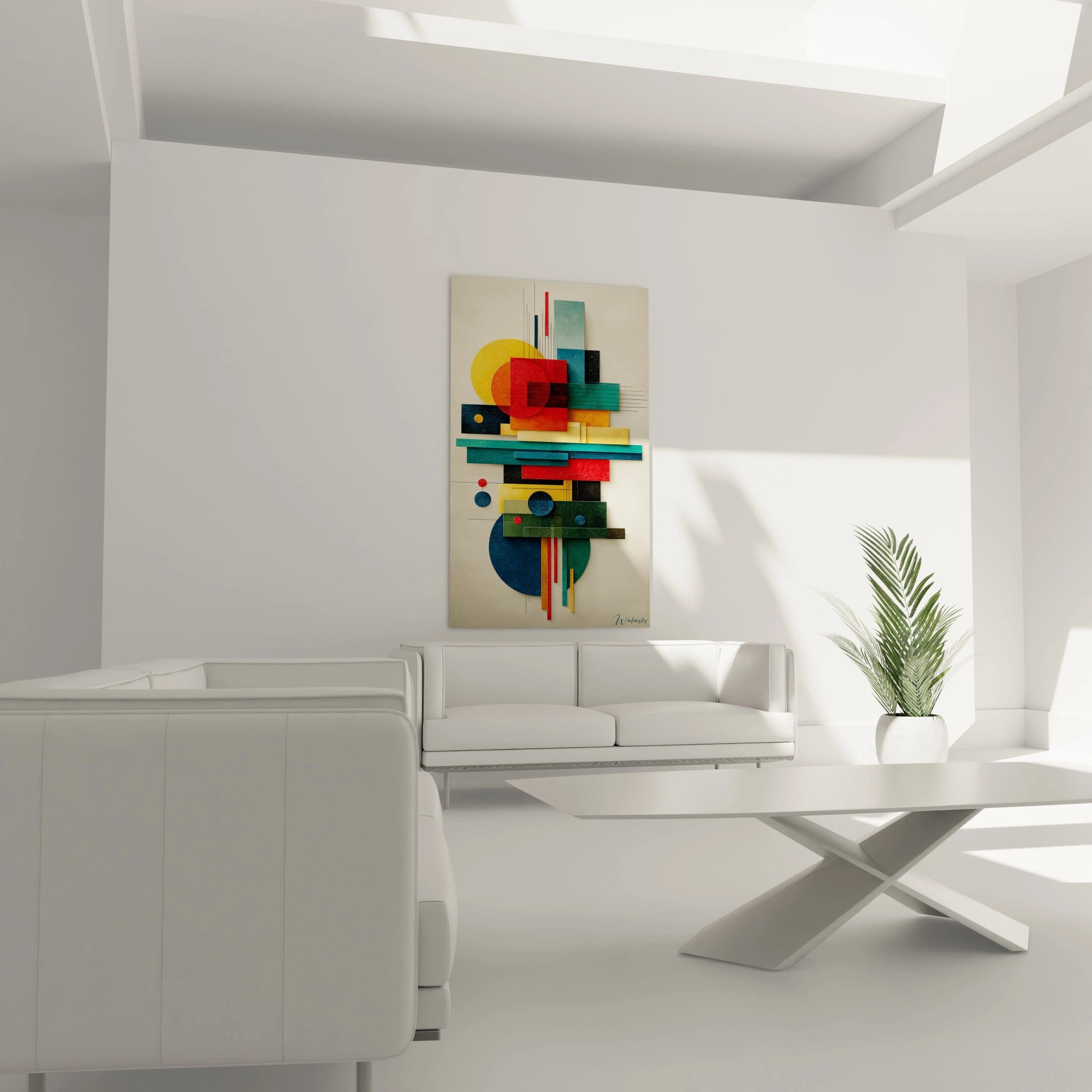 tableau géométrique moderne coloré par Walensky accroché au dessus d un canapé blanc dans un salon minimaliste
