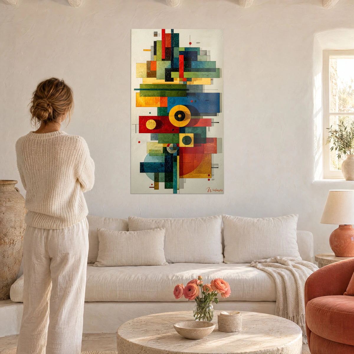 Cuadro mosaico de rectángulos azules, rojos y amarillos, discos dorados, mujer de espaldas sobre un sofá en un salón luminoso