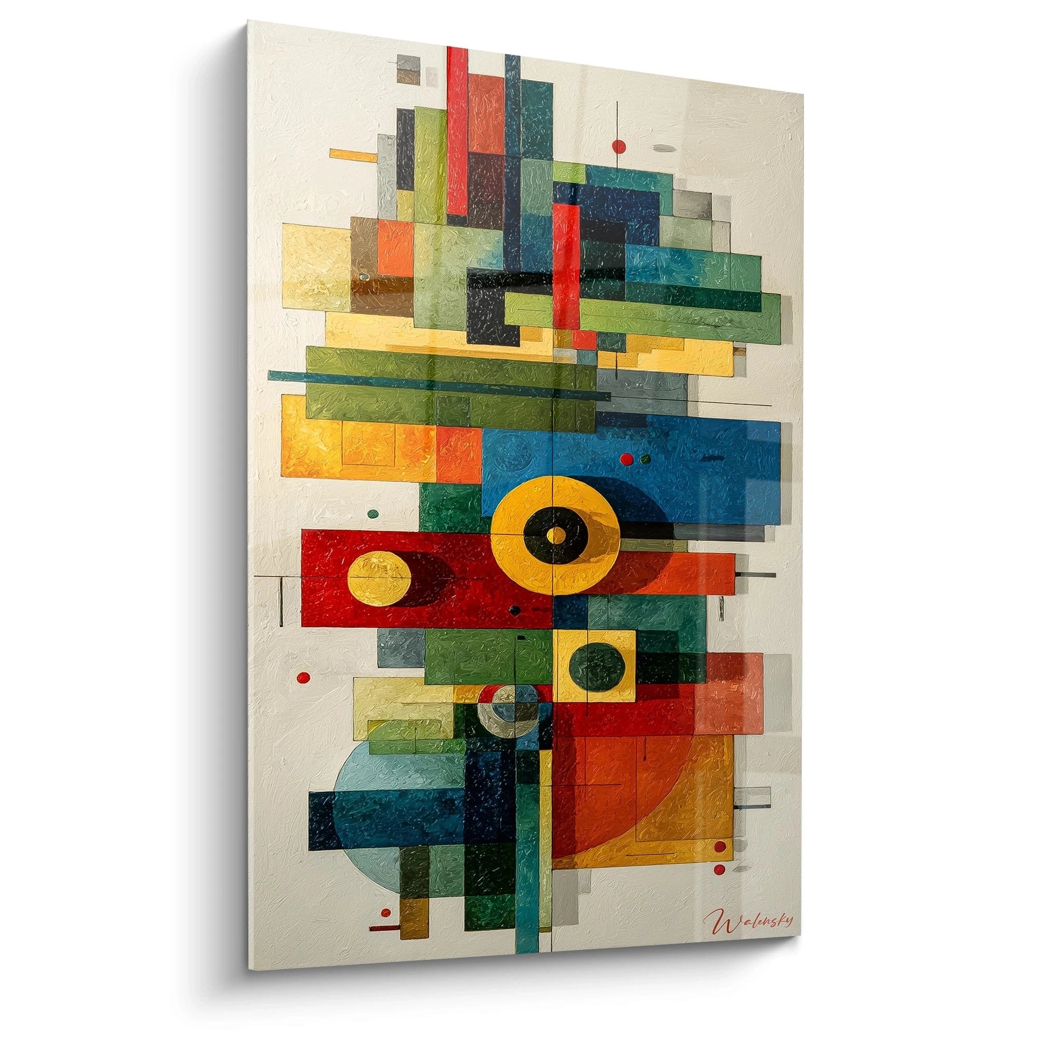 Walensky tableau mosaïque géométrique moderne vertical multicolore avec cercles et rectangles superposés pour décoration murale