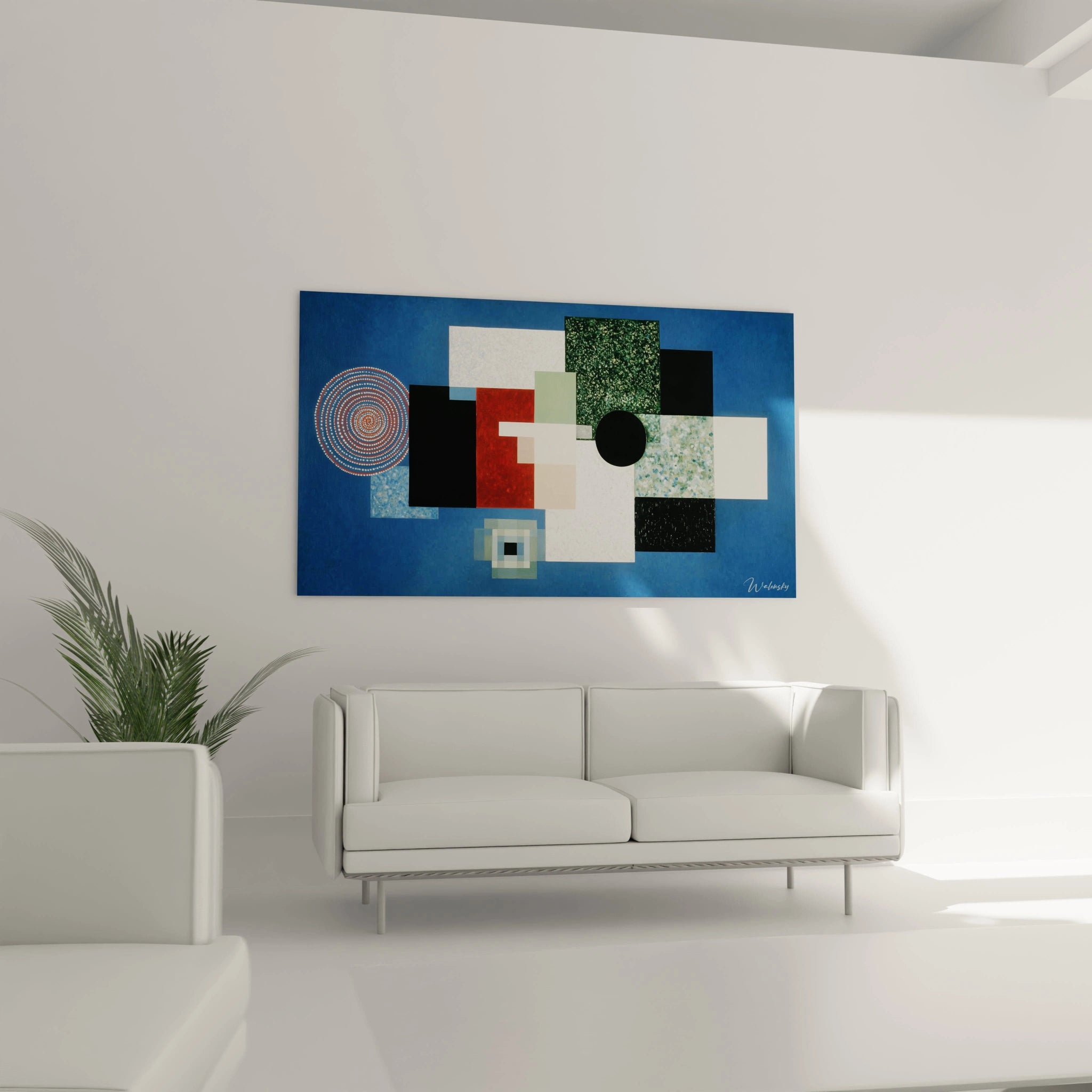Walensky tableau géométrique constructivisme mural bleu avec formes géométriques superposées, cercle noir et motifs carrés