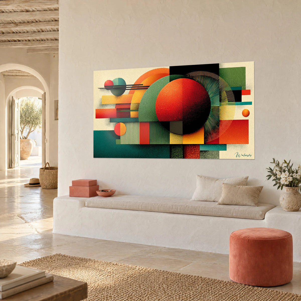 Tableau composition géométrique aux rectangles ocre et turquoise, grand disque orangé central, en vue de trois-quarts dans une maison méditerranéenne