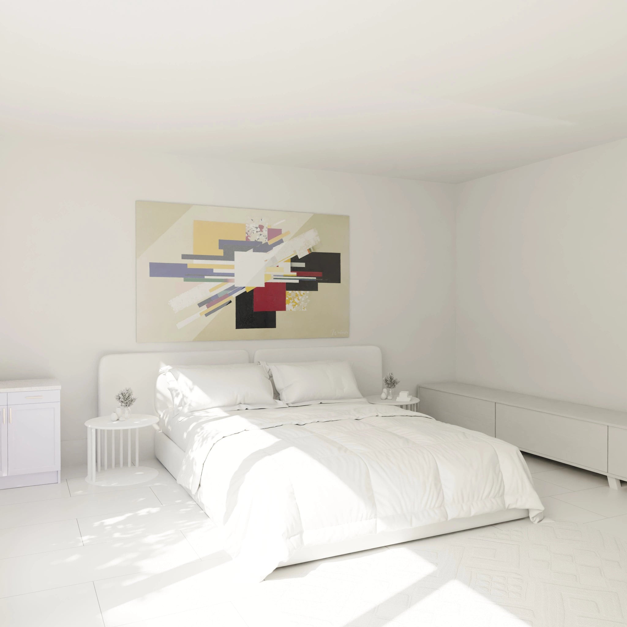 Walensky tableau géométrique constructivisme mural abstrait beige noir rouge jaune bleu sur un lit blanc minimaliste