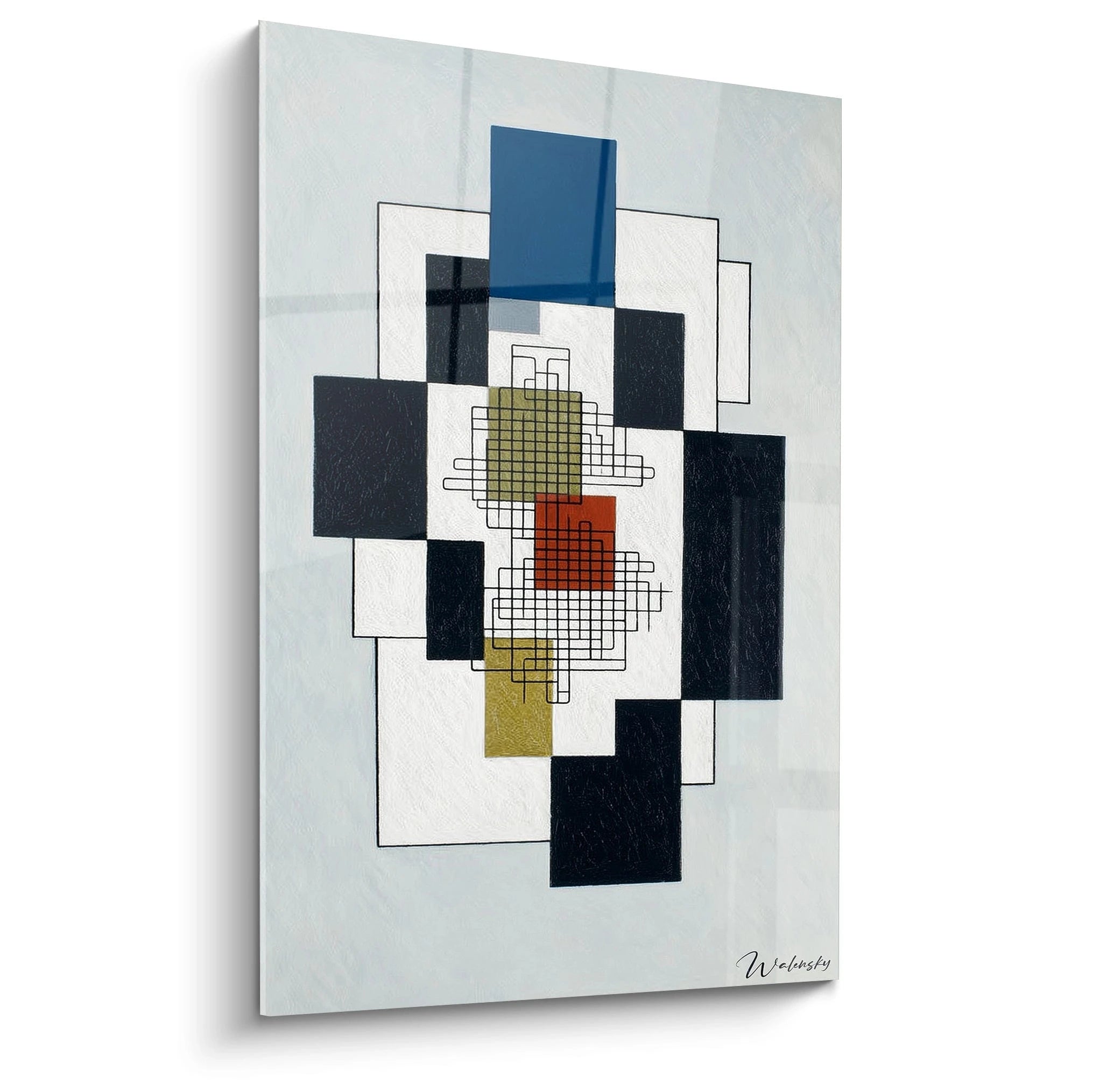 Walensky tableau géométrique moderne imprimé avec rectangles superposés bleu noir blanc et motifs centraux vert et rouge
