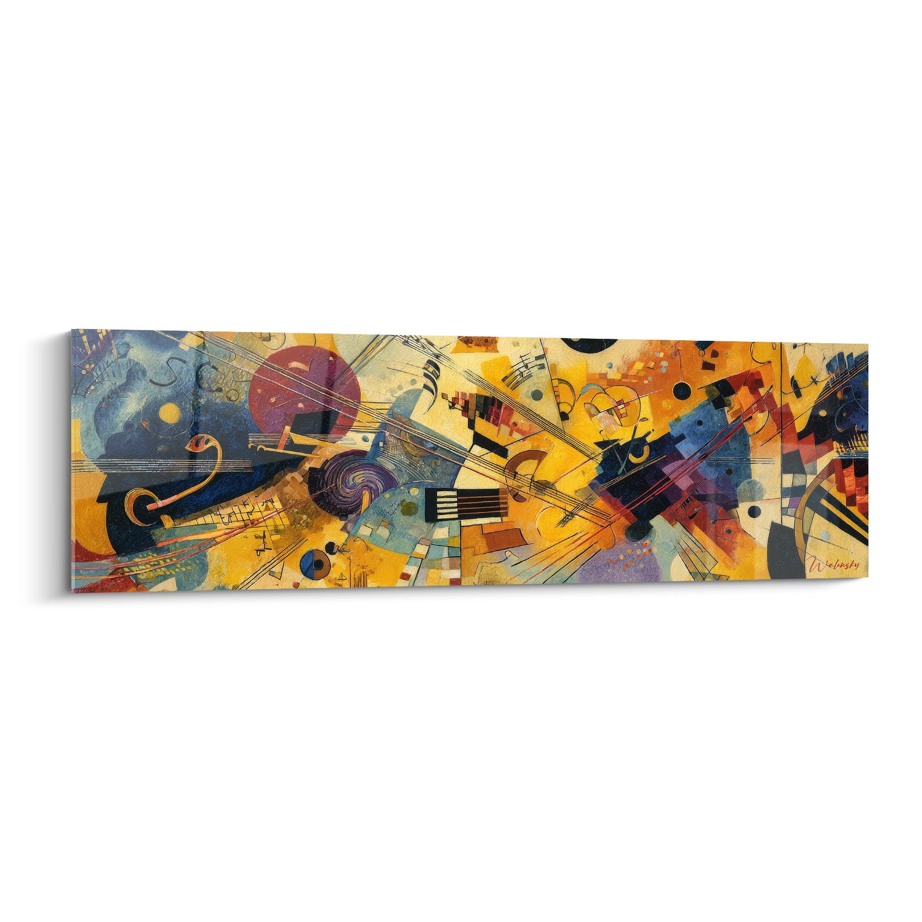 Tableau mural composition musicale abstraite aux formes géométriques colorées et instruments stylisés
