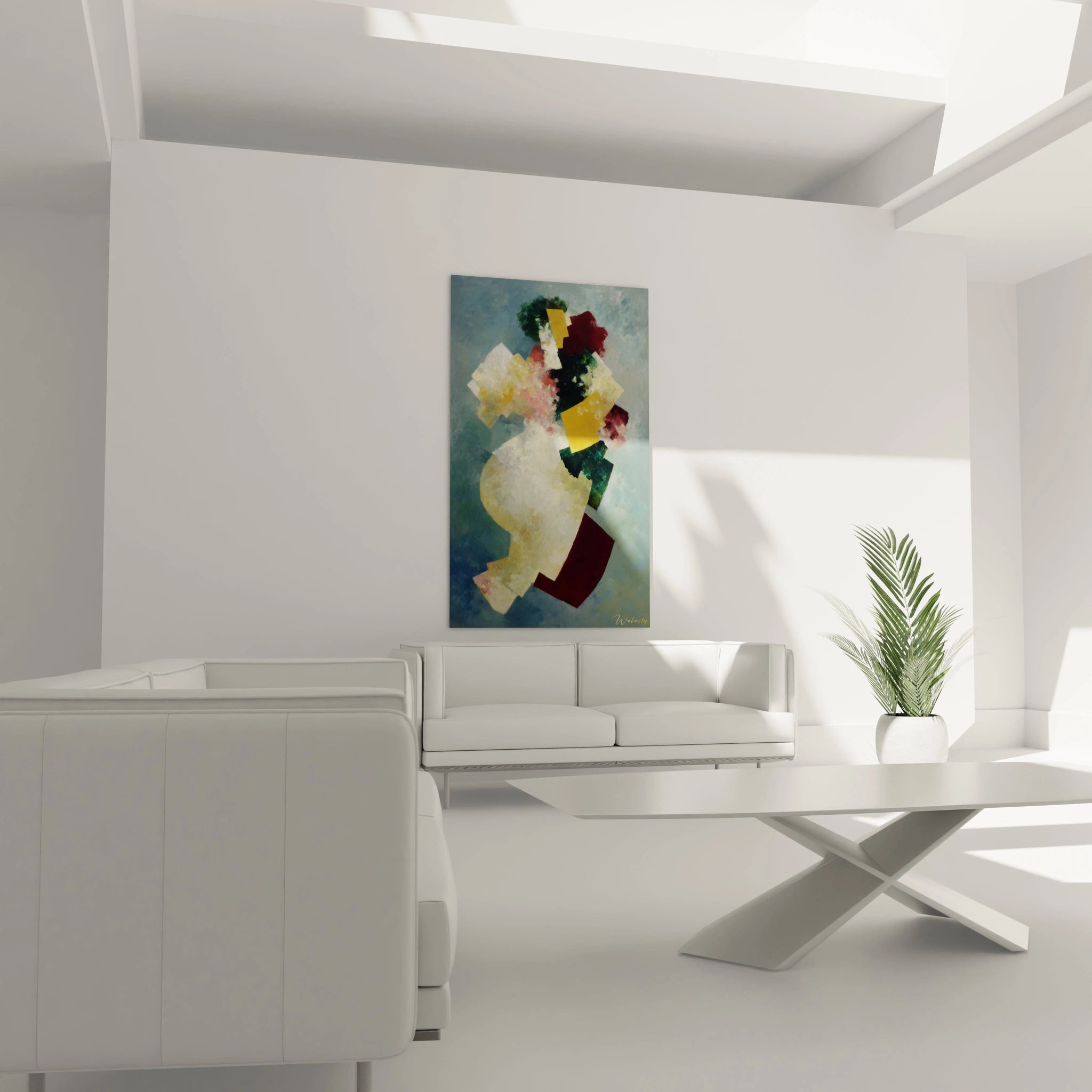 Tableau mural Walensky tableau dadaïsme moderne floral bleu et or avec visage barbu dans salon minimaliste