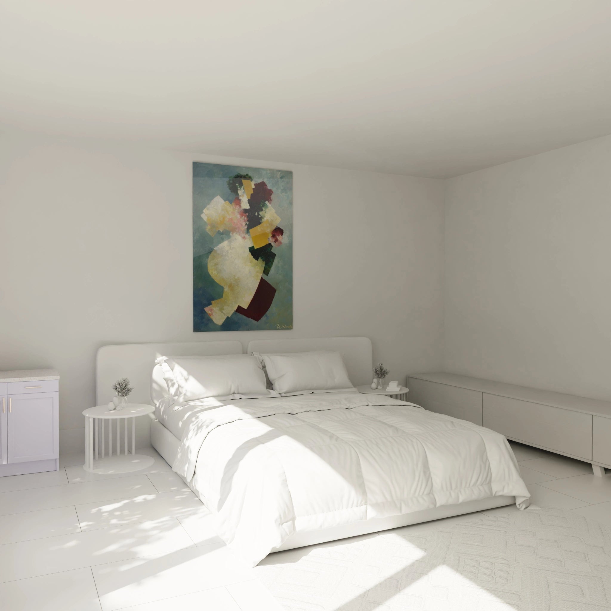 tableau dadaïsme moderne Walensky accroché au dessus d un lit blanc minimaliste dans une chambre lumineuse et épurée