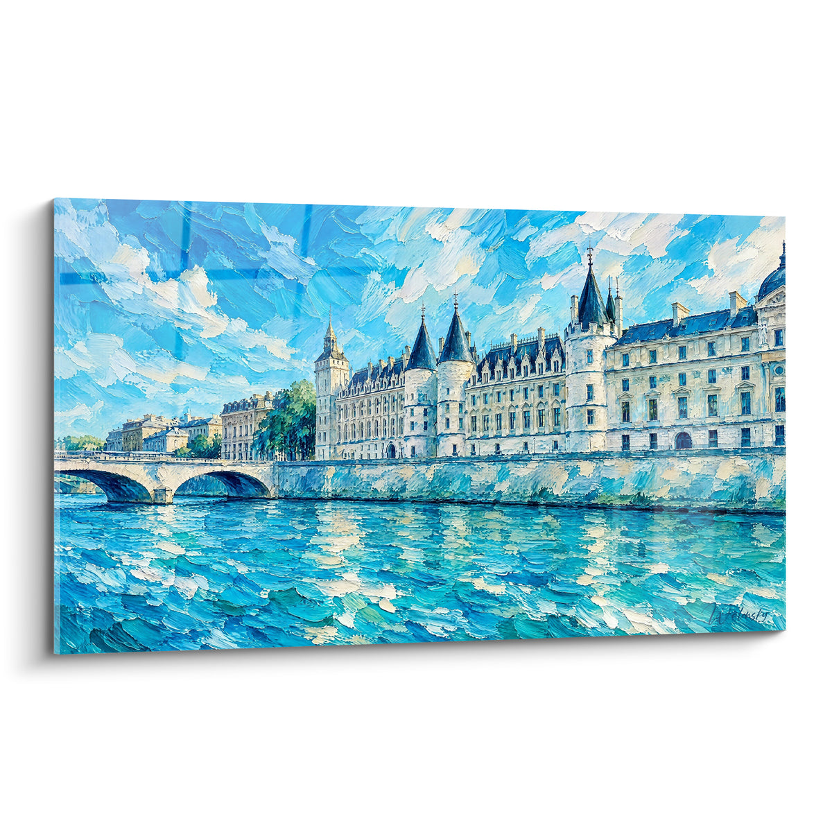 Wall art Conciergerie of Paris painted in turquoise blue and cream white, medieval towers reflected in the Seine