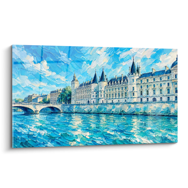 Blue Turquoise and Cream White Painting of Conciergerie - Morning on the Seine - Conciergerie Edition of Paris Île-de-France