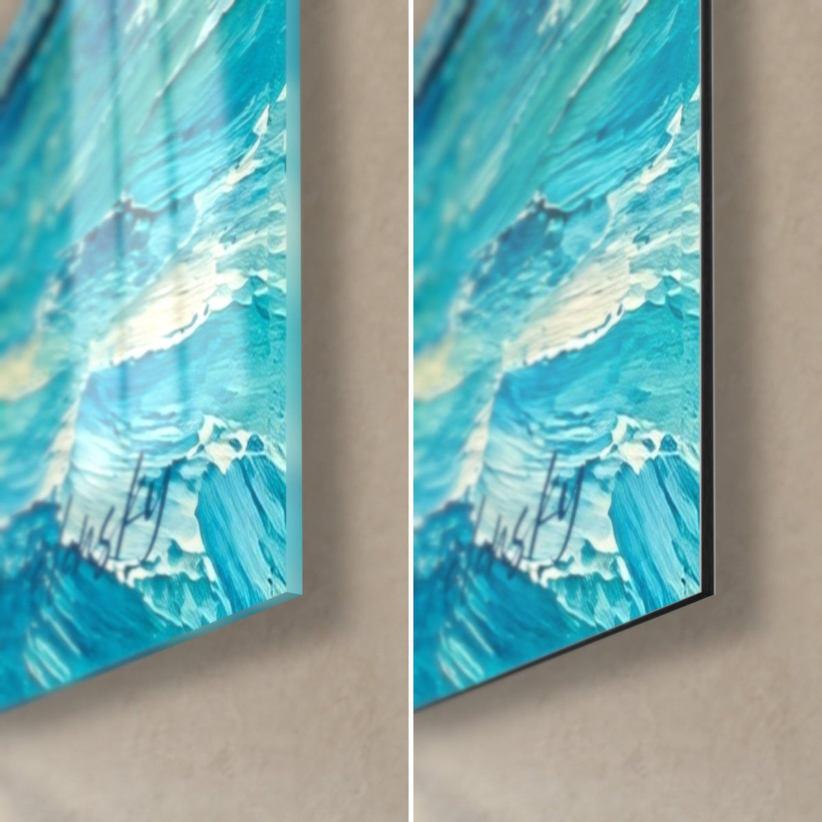 Wall art Conciergerie in thick turquoise and white paint, bottom right corner, glossy glass on the left, matte Dibond on the right