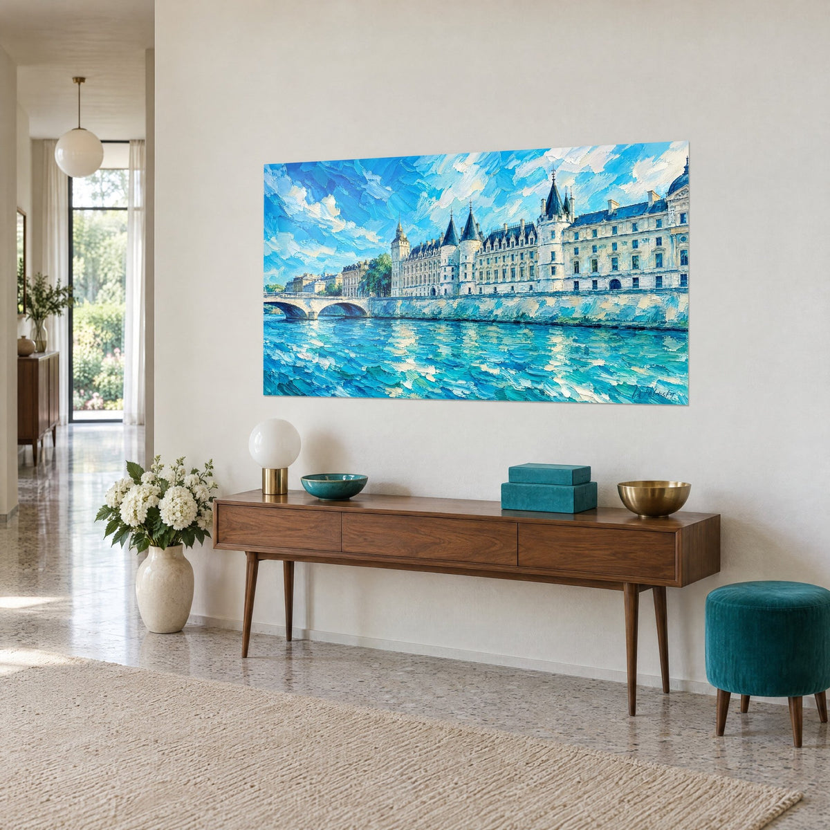 Wall art palace with slate-blue roofs, cream-white facade, turquoise water in thick brushstrokes, on a wooden sideboard