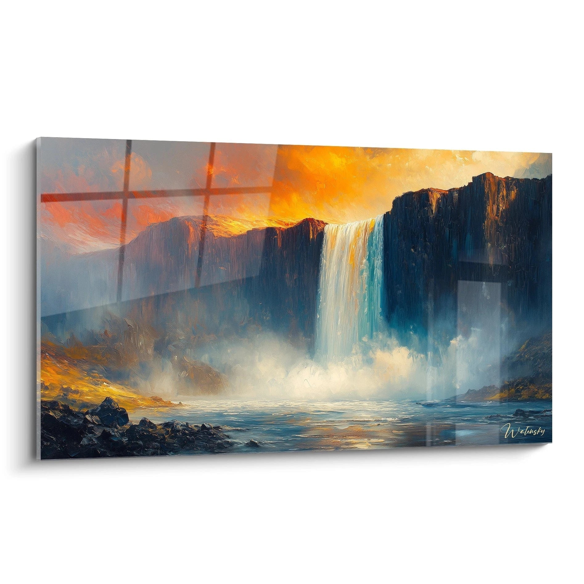 Tableau cascade représentant une imposante chute d'eau se déversant d'une falaise rocheuse, baignée dans une lumière dorée de coucher de soleil, avec une brume éthérée à la base et des reflets bleutés dans l'eau calme en contrebas.
