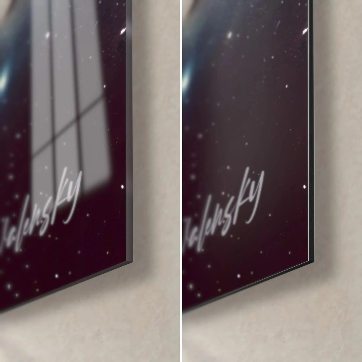 Wall art galaxy with cream and glacier-blue filaments, bottom right corner: glossy acrylic glass on the left, matte Dibond aluminium on the right