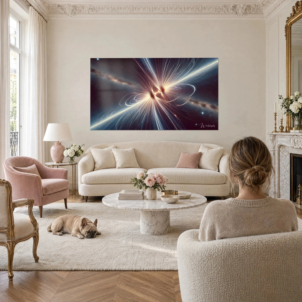 Wall art shooting star with cream trails on a burgundy background, a woman and her bulldog above a sofa in a bright living room