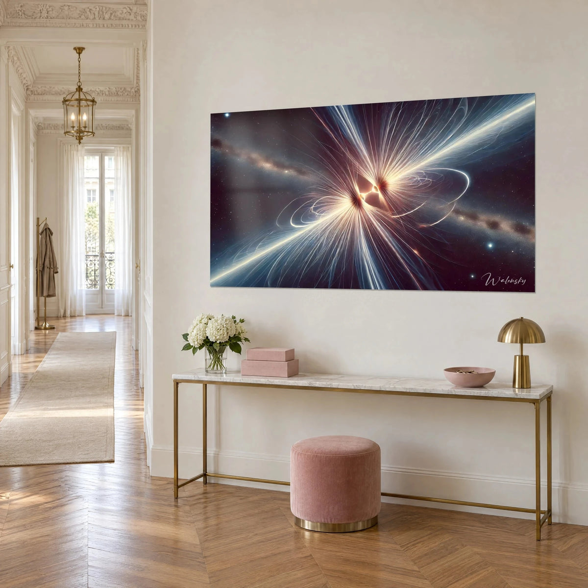 Wall art of an explosion of ivory and steel-blue light filaments on a purple night, three-quarter view, pink and gold console, Haussmann-style entrance hall