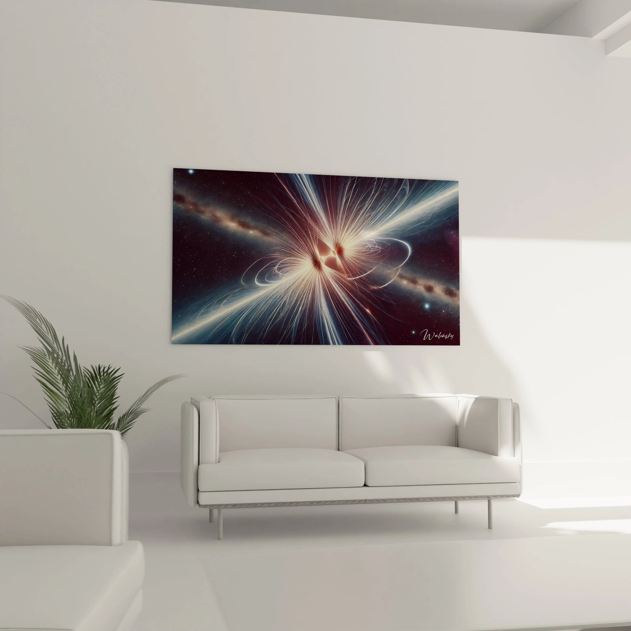 Dégradés lumineux et détails dorés évoquent les forces invisibles et la beauté de l’univers, idéal pour un salon moderne.

