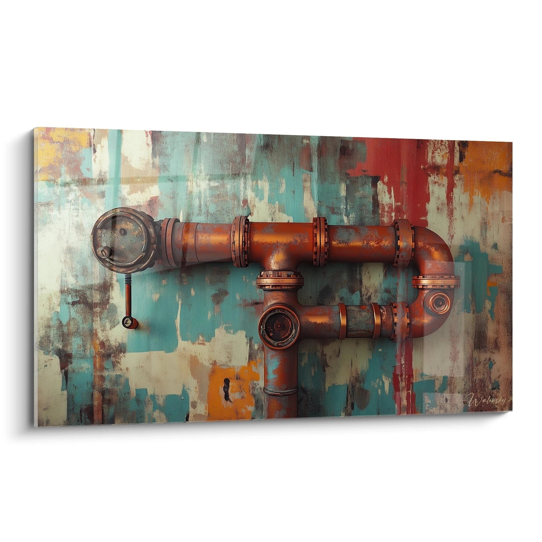Un tableau street art représentant un système de tuyauterie cuivrée industrielle avec manomètre et raccords métalliques, sur un fond texturé turquoise et orange. Les détails du métal oxydé et les jointures sont rendus avec un effet hyperréaliste.
