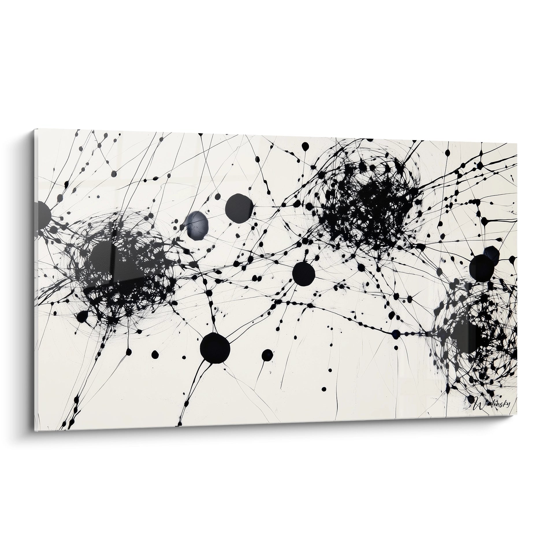 Tableau tacheté noir et blanc de Walensky avec des formes abstraites et des motifs dynamiques