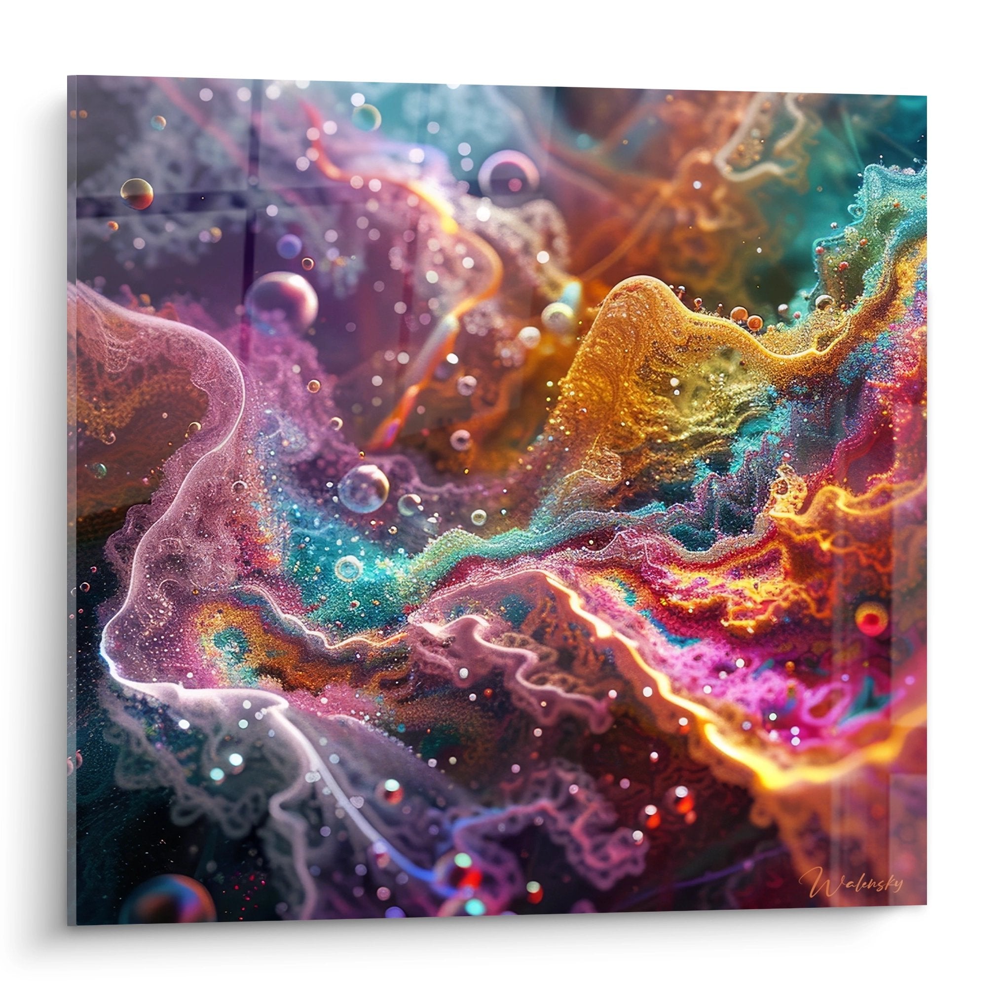 Tableau mural connexions synaptiques cosmiques aux couleurs iridescentes violettes oranges et cyan