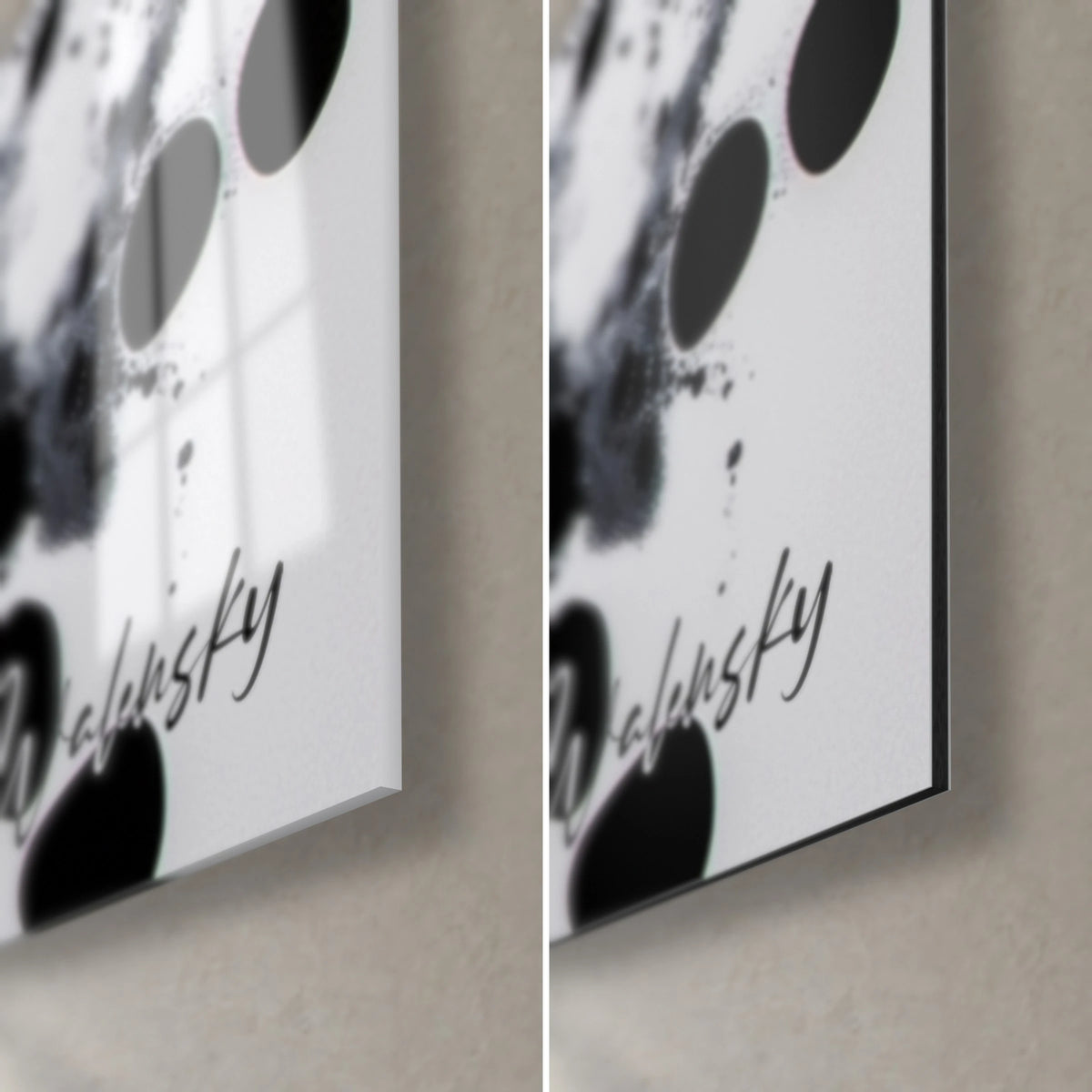 Wall art black ink stains on a white background, bottom right corner, handwritten signature, glossy glass on the left, matte Dibond on the right