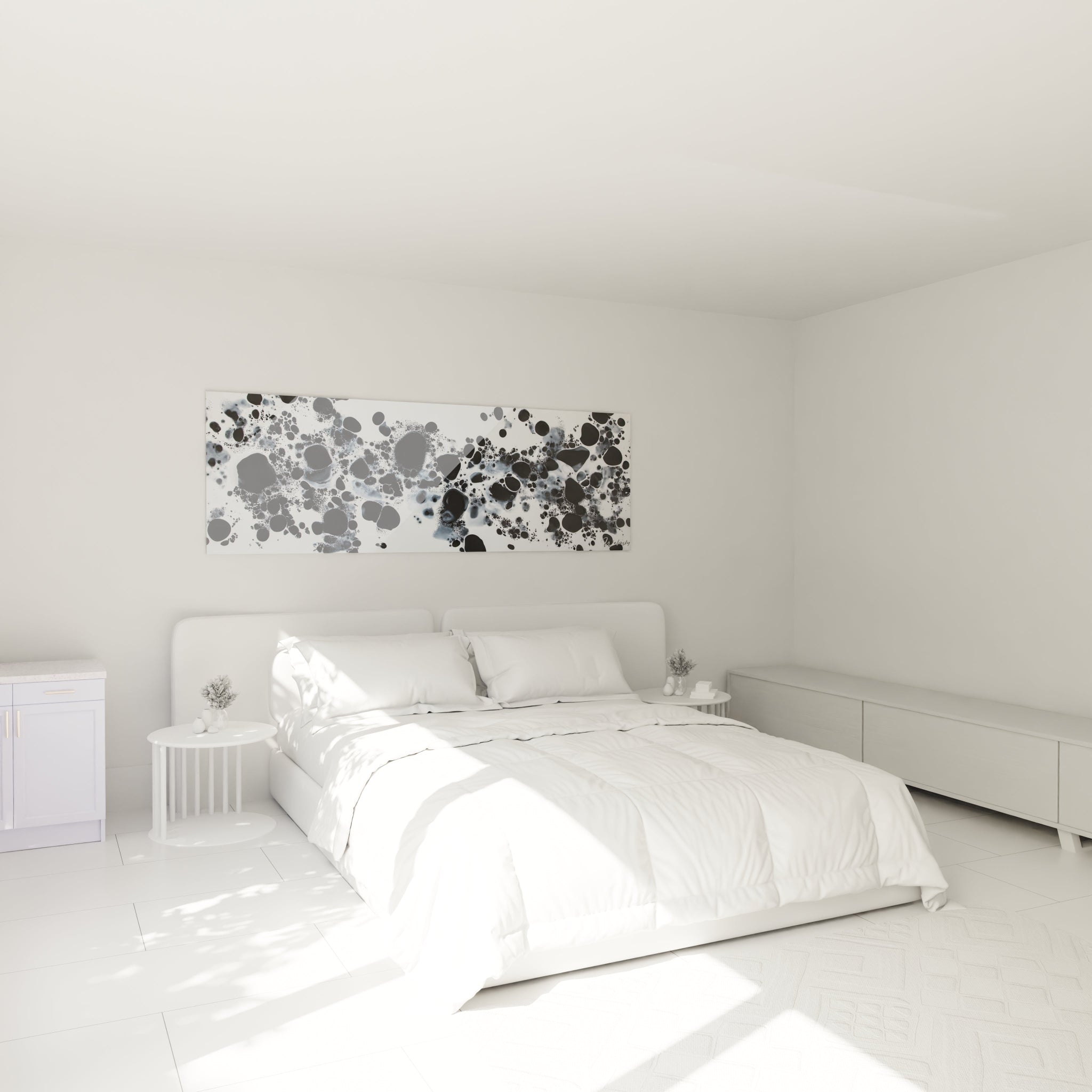 Tableau tacheté noir et blanc de Walensky, ajoutant une touche moderne à une chambre lumineuse