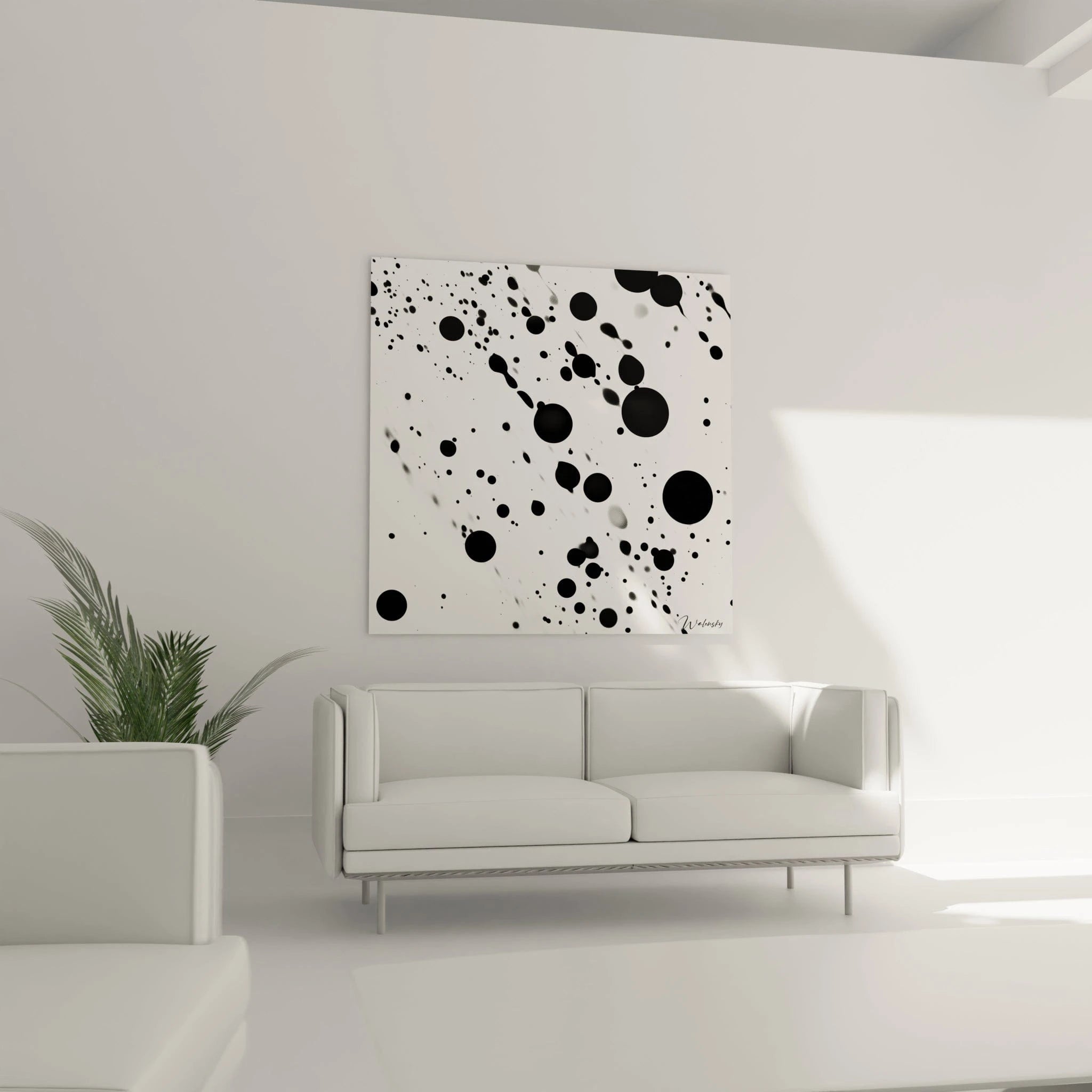 Tableau tacheté noir et blanc Walensky sur mur blanc dans un salon moderne minimaliste