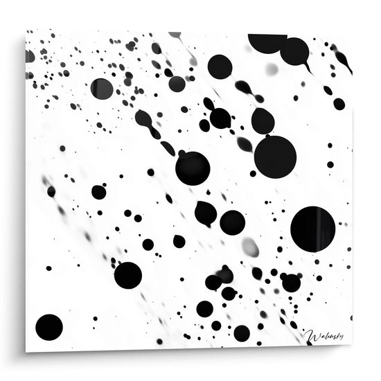 Speckled black and white Walensky artwork with abstract shapes and paint splashes