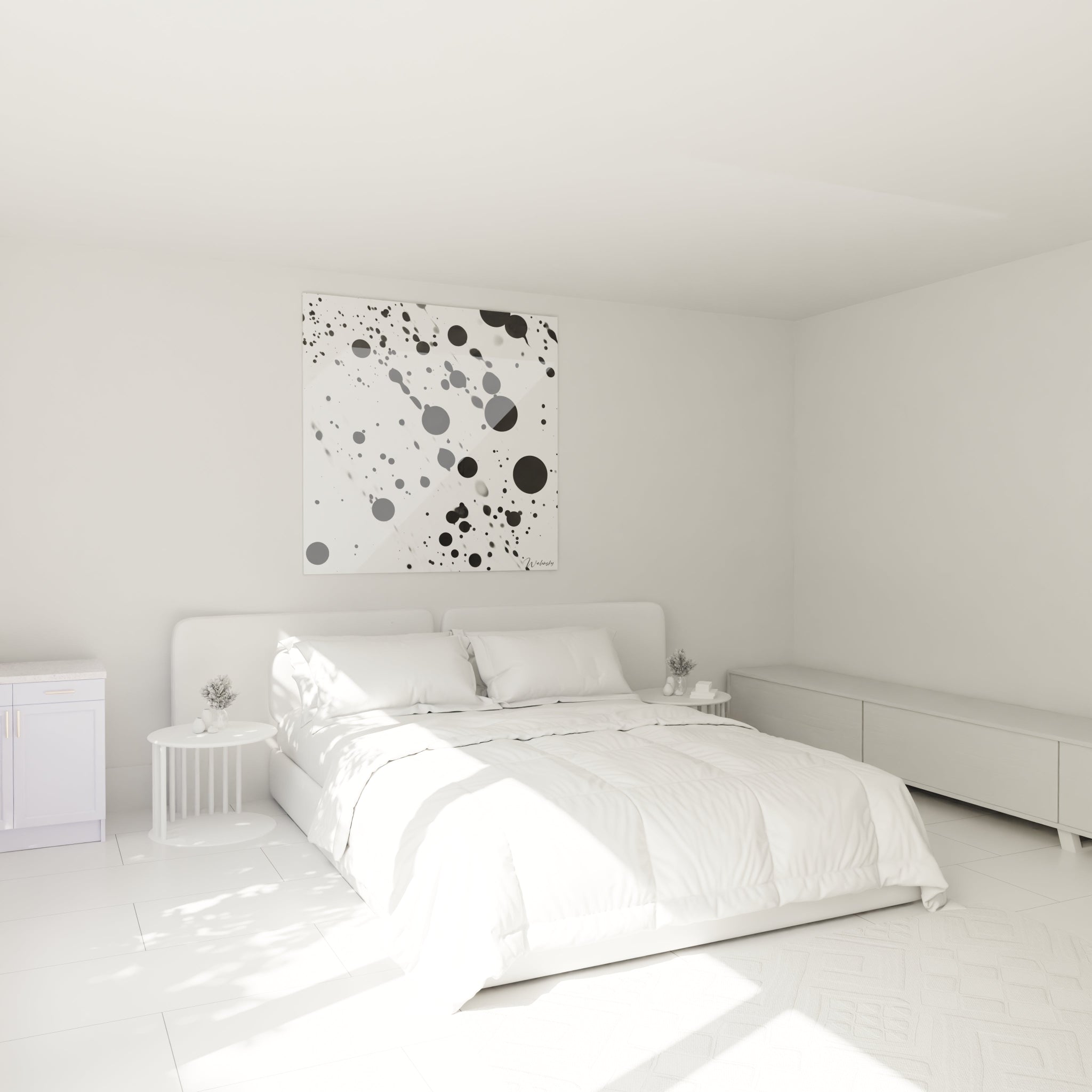 Tableau tacheté noir et blanc de Walensky accroché dans une chambre moderne éclairée