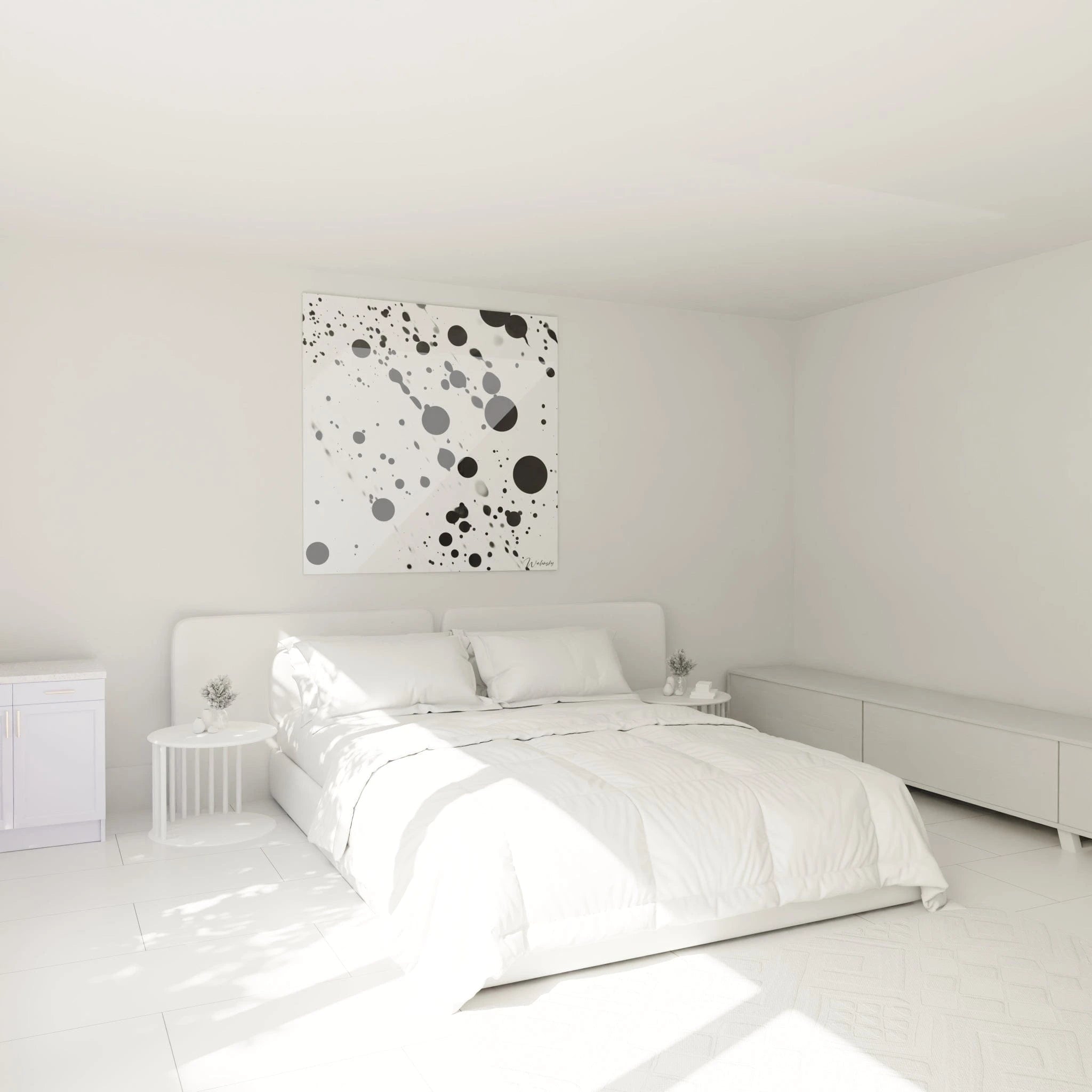 Tableau tacheté noir et blanc de Walensky accroché dans une chambre moderne éclairée
