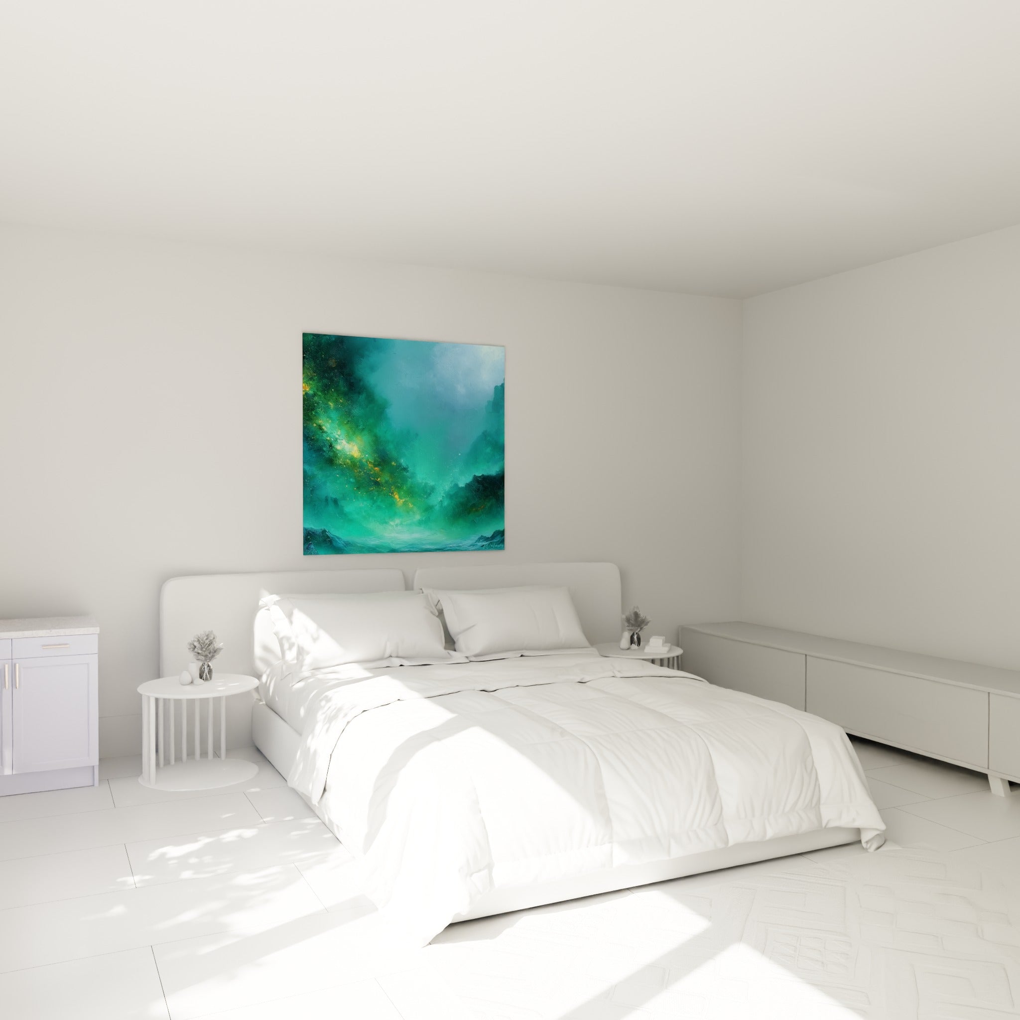 Constellation dorée sur fond émeraude et bleu pastel, accrochée au-dessus d'un lit dans une chambre claire