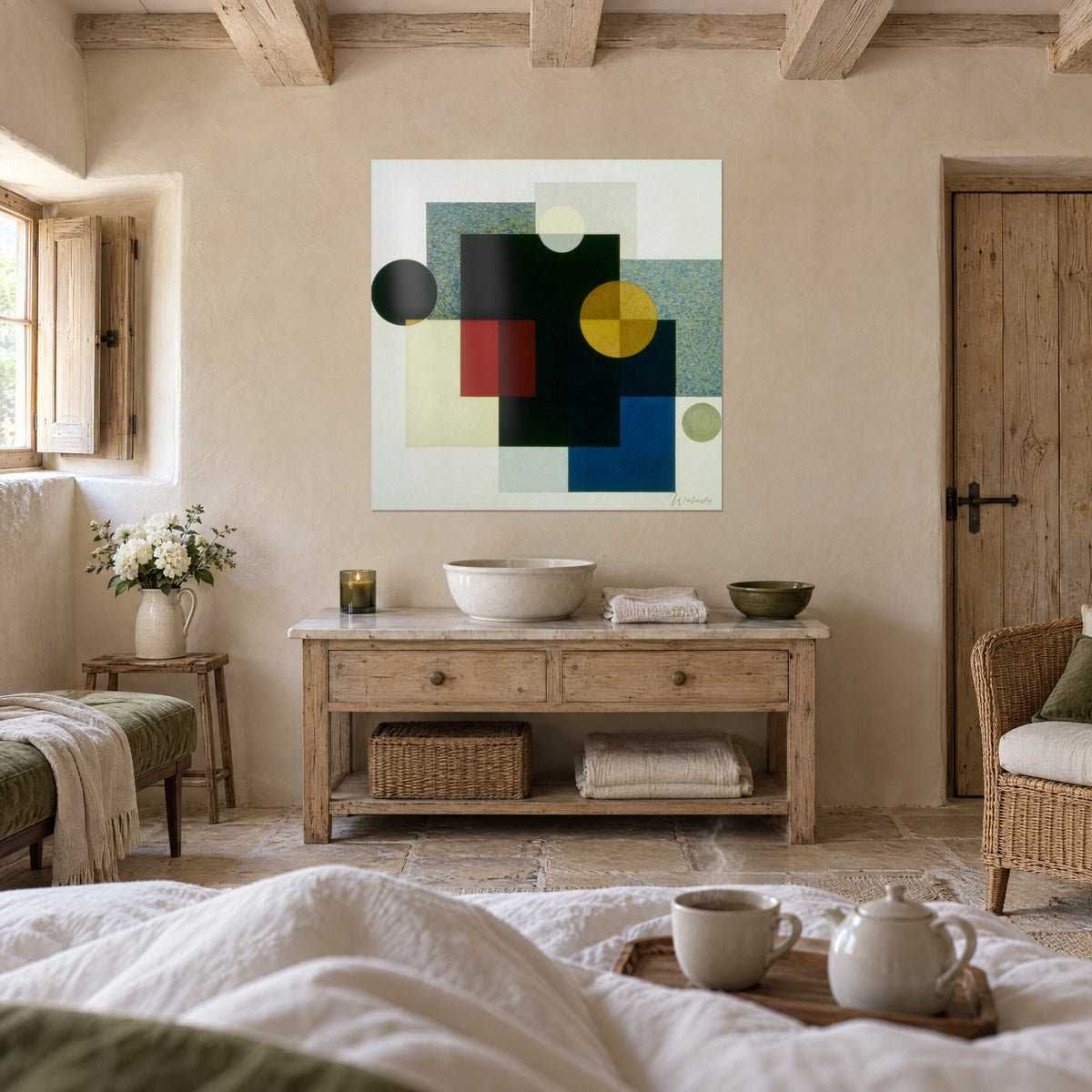 Cuadro de geometría abstracta con rectángulos rojo sangre y negros, disco amarillo mostaza, sobre una cama en un dormitorio luminoso