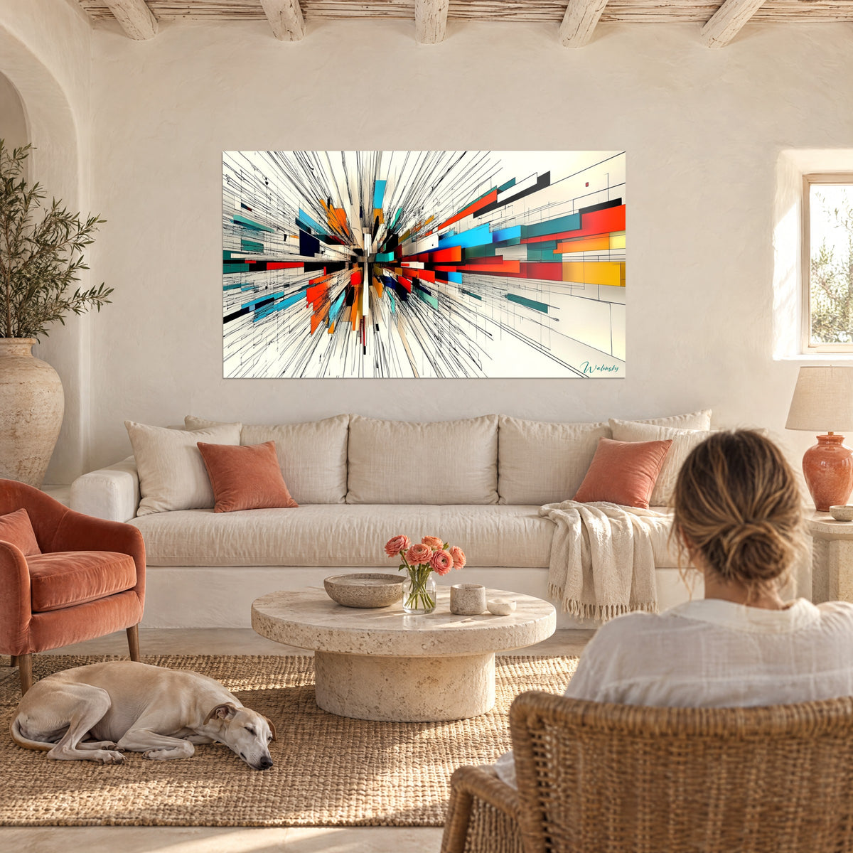 Tableau explosion géométrique aux rectangles orange et turquoise jaillissant d'un centre blanc, au-dessus d'un canapé dans un salon lumineux