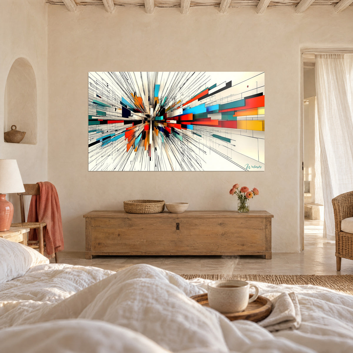 Tableau éclatement de plans colorés, rouge, jaune et bleu turquoise sur lignes noires rayonnantes, au-dessus d'un lit dans une chambre claire