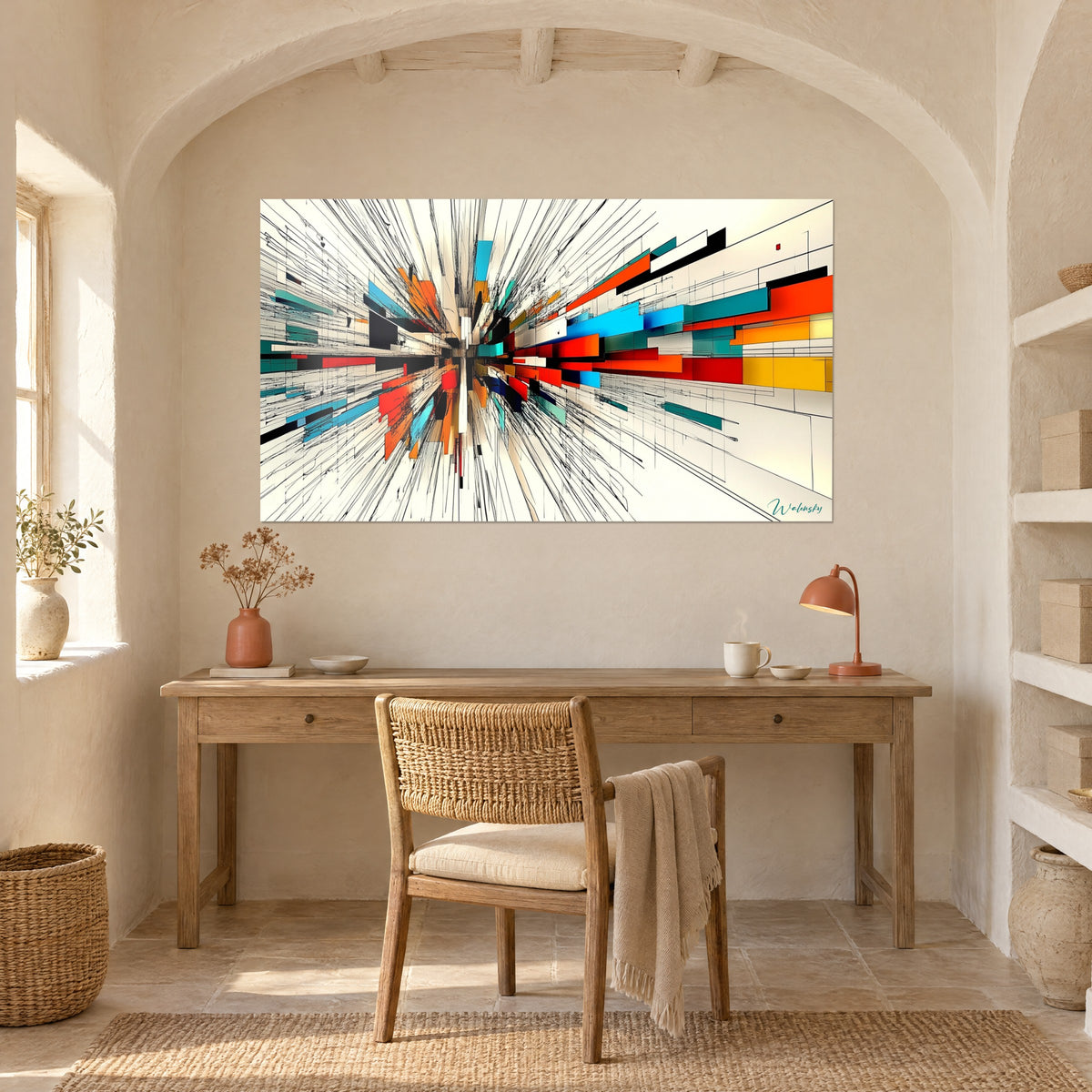Tableau abstraction dynamique de rectangles rouges et cyan filant vers un point central, mur crème au-dessus d'un bureau en bois clair
