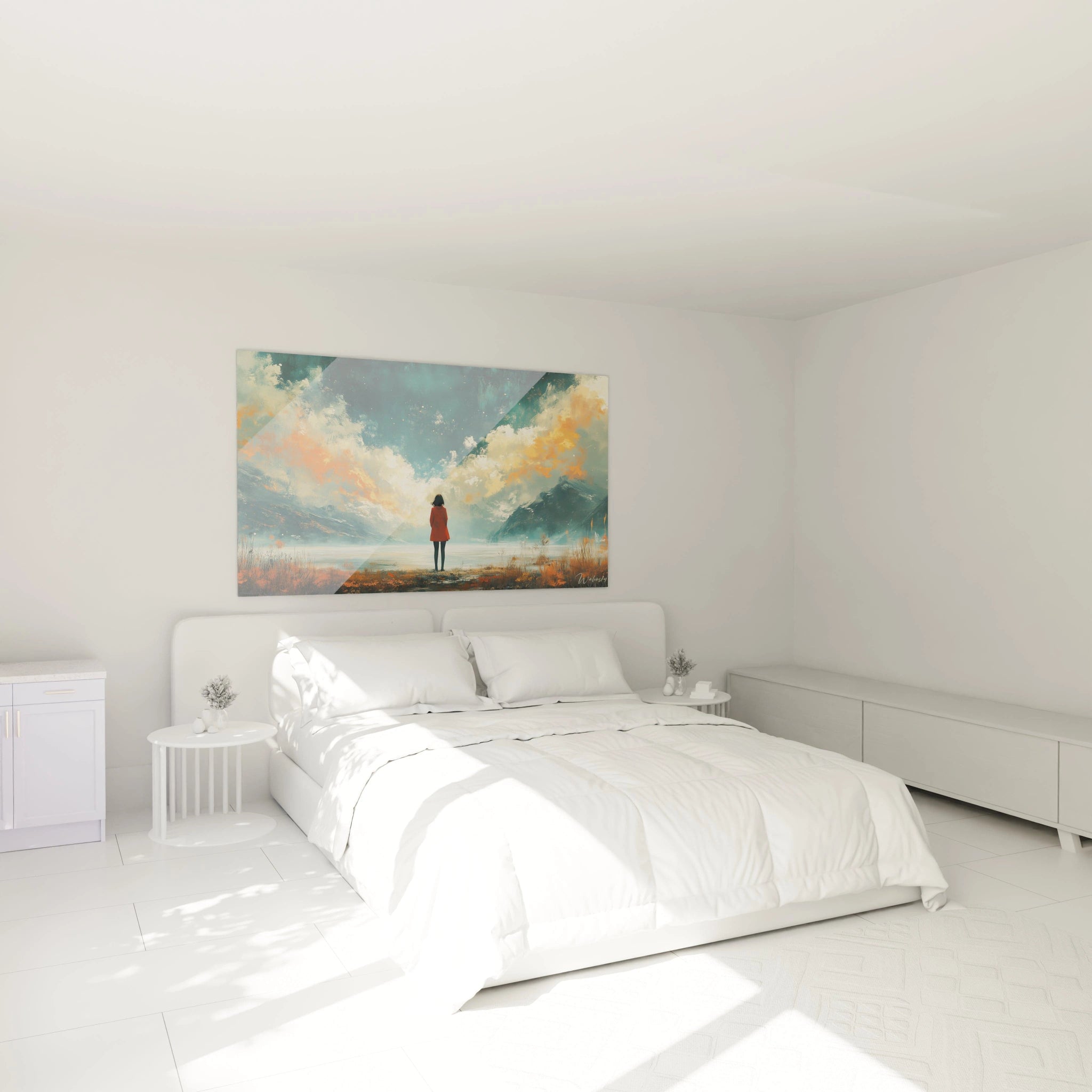 Un tableau paysage montagneux où une personne vêtue de rouge observe un horizon entre deux chaînes montagneuses, avec des nuages orangés et blancs sur un fond bleu intense, et une végétation automnale au premier plan.
